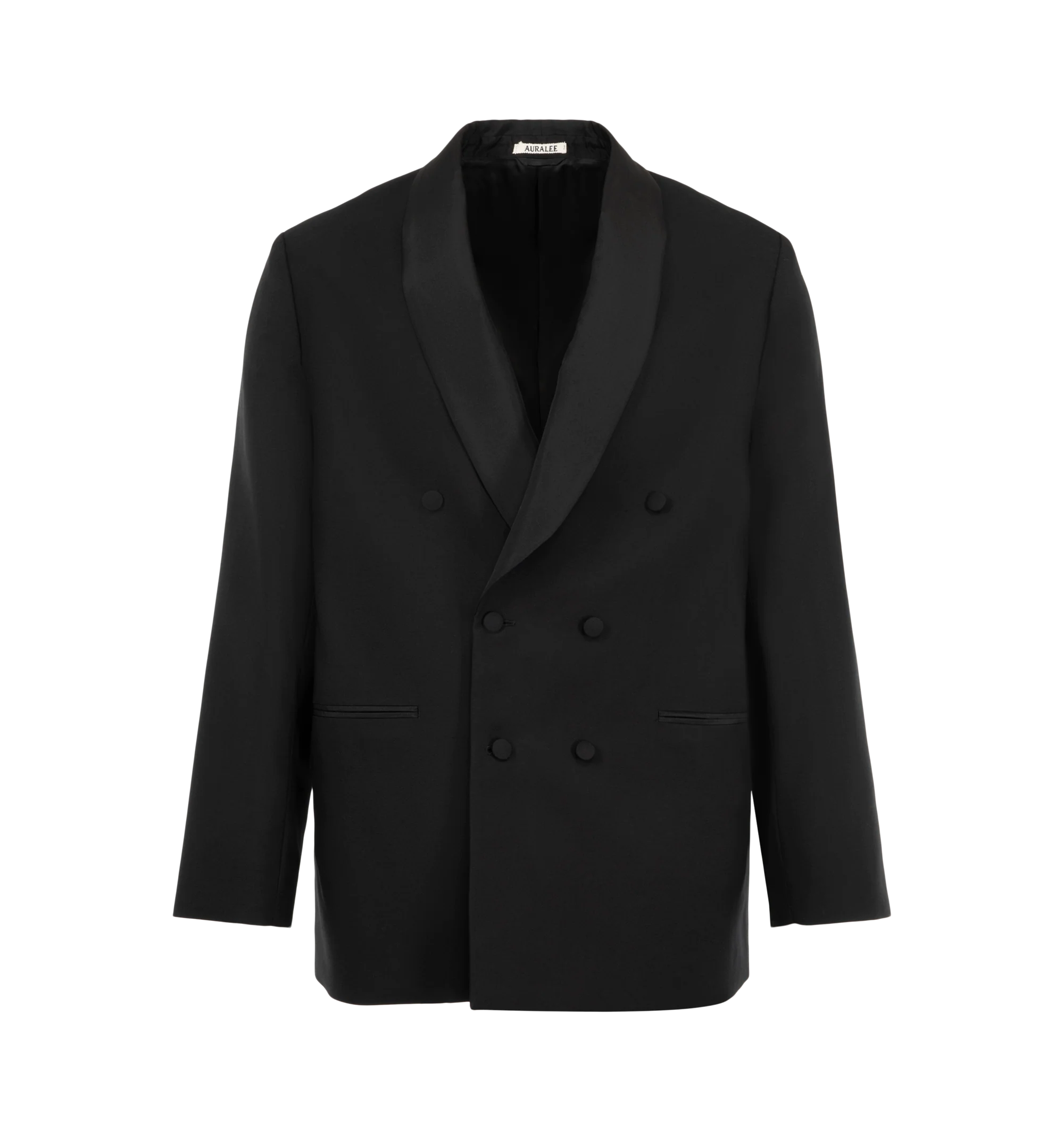 Image 1 of 2 - BLACK - Auralee Men's High-Density Wool Worsted Shawl Collar Jacket is crafted from Super 130's wool woven at an exceptionally high density in a cashdos construction. A specialized finishing process enhances the fabric's firmness and structure, while subtle tonal variation adds visual depth. Cut in a wide fit, this jacket features a shawl collar and a ventless back. Main Material: 100% Wool.