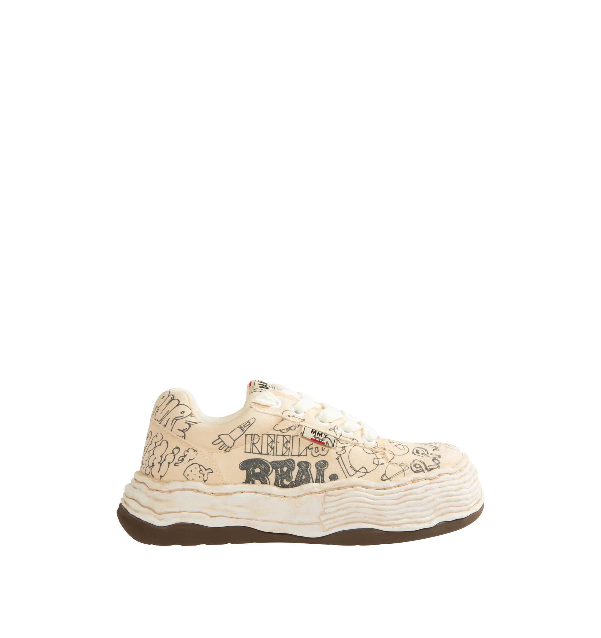 Image 1 of 5 - WHITE - Maison Mihara Yasuhiro Men's Oliver Sneakers feature the brand's signature hand-sculpted OG sole, a graffiti-printed canvas upper, and a bold low-top silhouette for a contemporary statement look. Designed for the Spring/Summer 2026 collection, these designer sneakers combine classic sneaker styling with Maison Mihara Yasuhiro's experimental oversized sole, while vibrant graffiti artwork and intentional vintage detailing create a distinctive, artistic aesthetic. Main Material: 100% Cot