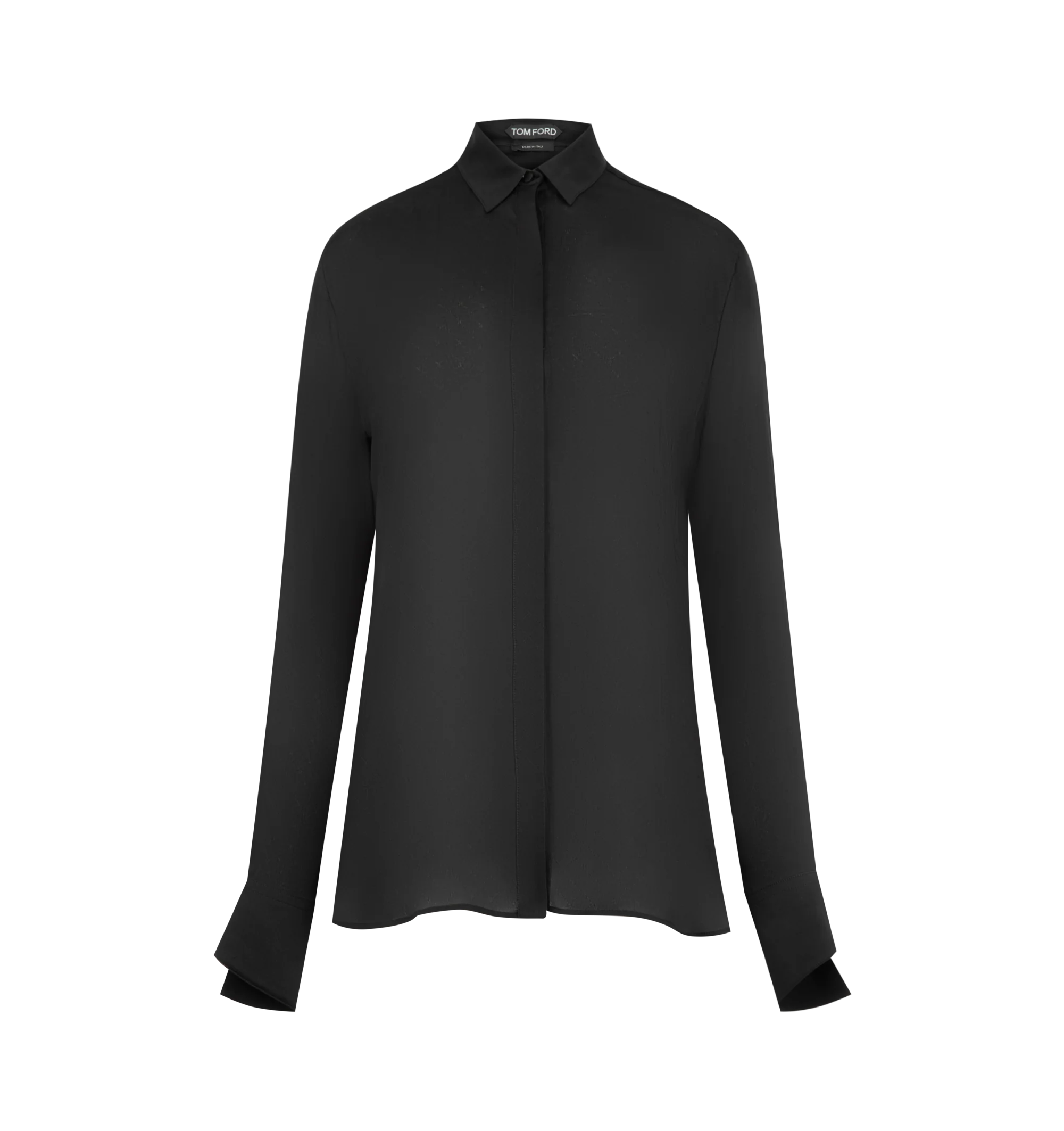 Image 1 of 2 - BLACK - Tom Ford Womens Monogram Silk Chiffon Shirt is crafted from a silk chiffon and features a sheer organza with monogram detail. Main Material: 100% Silk. Made in Italy.