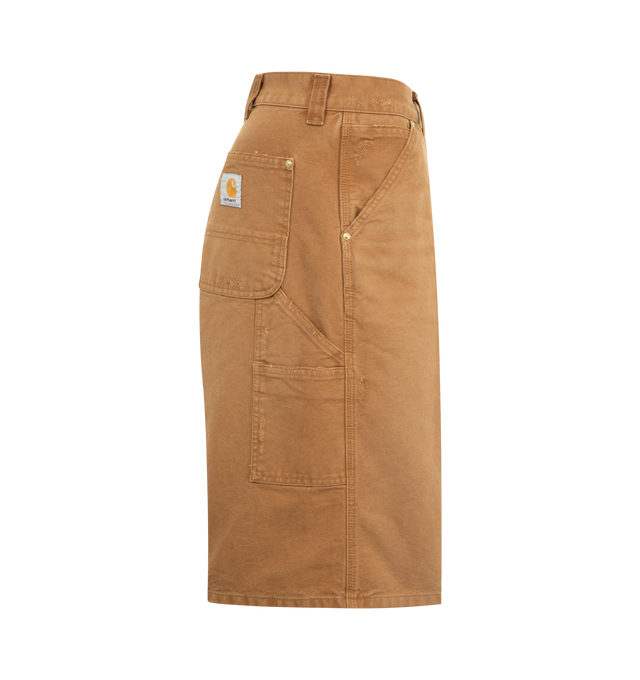 Image 3 of 3 - BROWN - CARHARTT WIP OG Single Knee Denim Shorts featuring non-stretch organic cotton denim shorts, belt loops, five-pocket styling, zip fly, patch pocket and hammer loop at outseam, logo patch at back pocket and logo-engraved gold-tone hardware. 100% cotton.