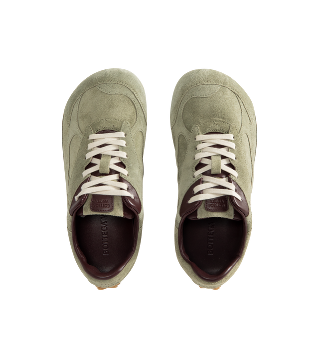 Image 5 of 5 - GREEN - BOTTEGA VENETA Orbit Flash Sneaker featuring low-top lace-up sneaker in soft suede and rubber outsole. Calfskin. Made in Italy. 