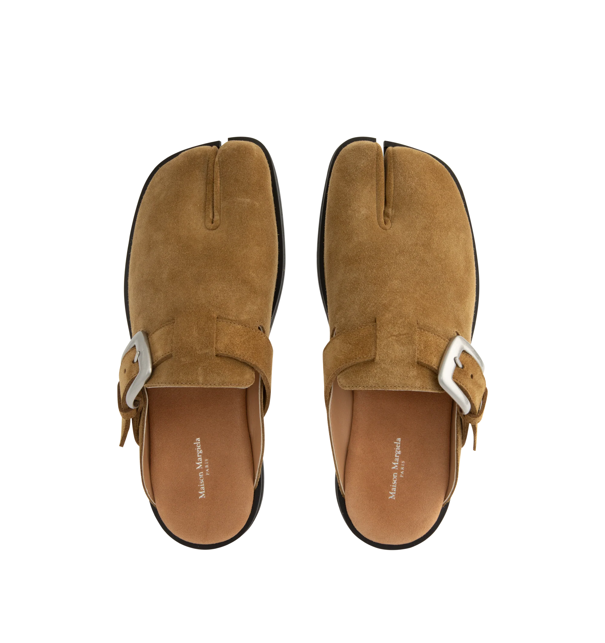 Image 4 of 4 - NEUTRAL - Maison Margiela Women's Tabi Daily Mules are crafted from calf suede and feature the signature split-toe design, a slip-on mule silhouette, open-back construction, an adjustable buckle strap, and a durable rubber sole. These designer suede mules combine the iconic Tabi silhouette with everyday comfort for effortless styling. Main Material: 100% Calf Suede. Lining: 50% Calf Leather, 50% Calf Suede. Sole: 100% Rubber. Heel Height: 1.1 cm. Made in Italy. 