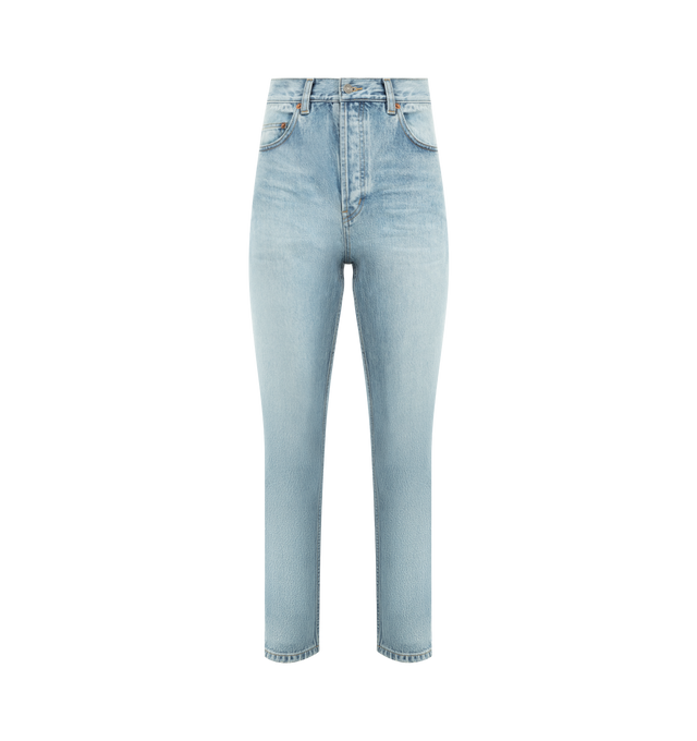 Image 1 of 3 - BLUE - Saint Laurent 90's high-rise cropped slim jeans with a cropped leg, button fly, five-pocket style, waistband with belt loops and Saint Laurent Paris embossed leather jacron. 100% cotton. Made in Japan.