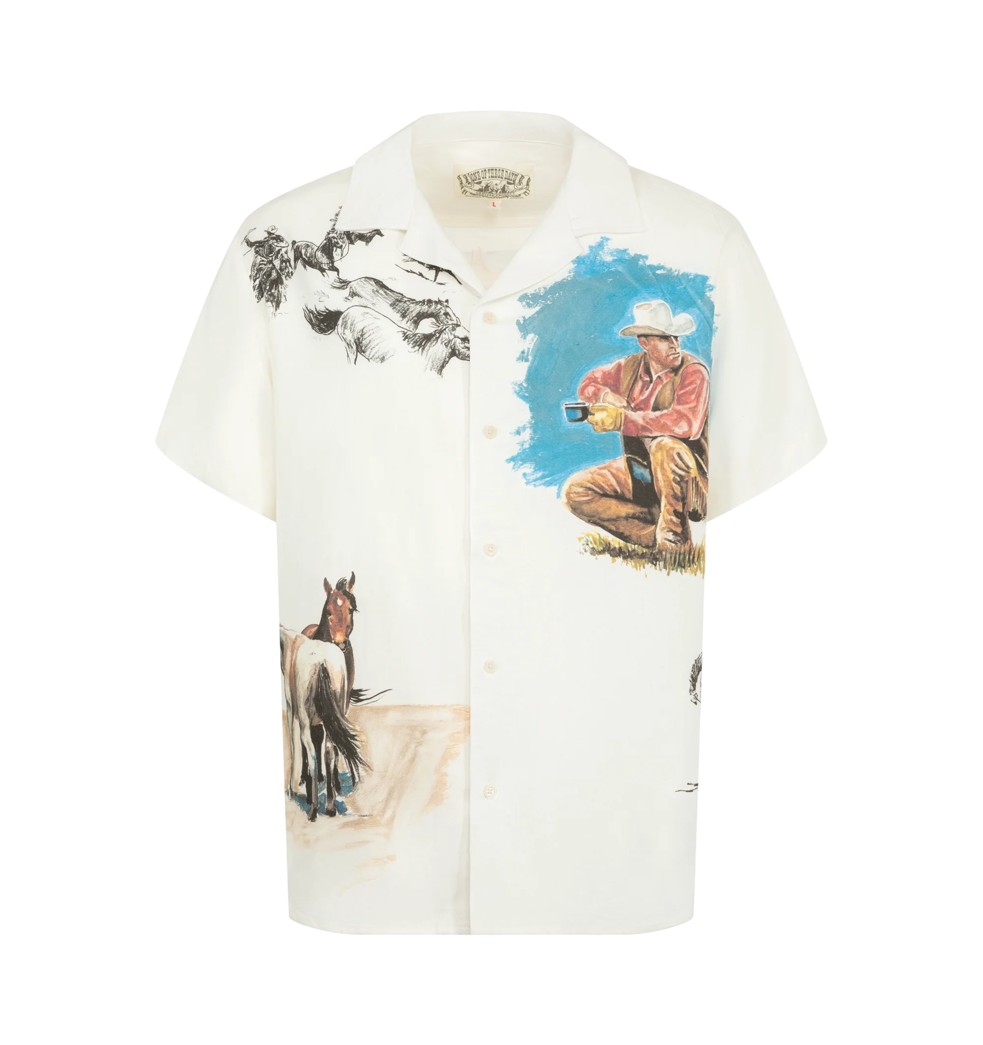 Image 1 of 2 - MULTI - One Of These Days Men's El Capitan Camp Shirt is crafted from a lightweight twill blend and features a classic-fit camp shirt silhouette with an allover full-color print across the front and back. Designed with a back yoke, straight hem, and mottled button closure for an easy, relaxed look. Main Material: 50% viscose, 30% linen, 20% polyester. Features: short sleeves, full-color print, back yoke, straight hem, mottled button closure. Imported.