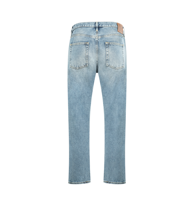 Image 2 of 3 - BLUE - TOTEME Twisted Seam Denim featuring directional side seams, ankle-length, relaxed, straight-tapered shape, zipper fly, silver-tone hardware, five pockets, belt loops, finished hem and leather patch. 100% organic cotton. 