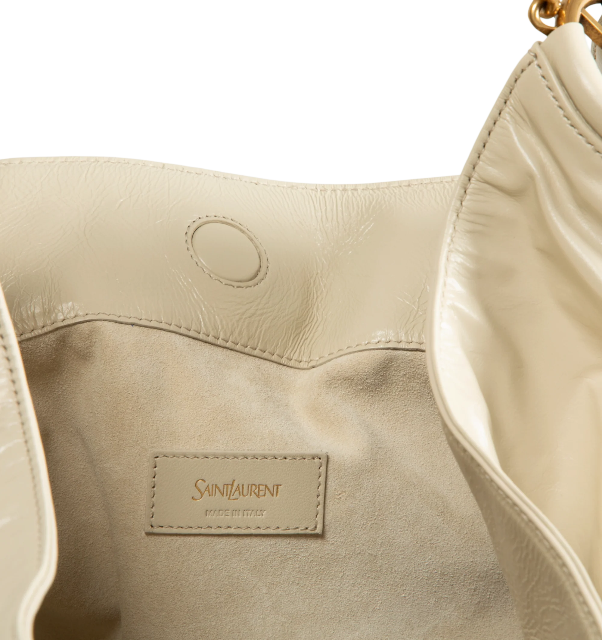 Image 3 of 4 - NEUTRAL - Saint Laurent Womens Hobo Bag is crafted from lustrous calfskin leather. Features a slouchy silhouette, signature Cassandre ring detail, shoulder strap, magnetic closure, removable zip pouch, suede lining, and bronze-tone hardware. Main Material: Calfskin Leather; Lining: Suede; Hardware: Brass. Made in Italy.