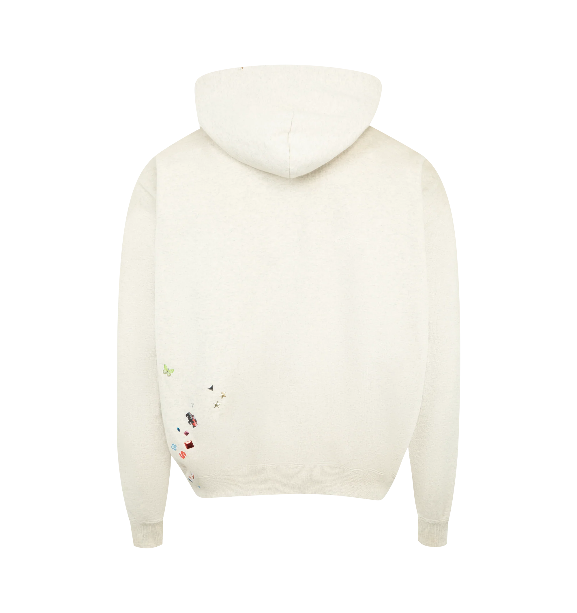 Image 2 of 3 - NEUTRAL - Maison Mihara Yasuhiro Kids Sticker Hoodie is crafted from cotton and features a relaxed silhouette with a drawstring hood, front kangaroo pocket, and signature Sticker graphic artwork for a playful contemporary look. This designer hoodie combines everyday comfort with Maison Mihara Yasuhiro's distinctive streetwear aesthetic, making it an easy layering piece for everyday wear. Main Material: 100% Cotton. Made in Japan. 