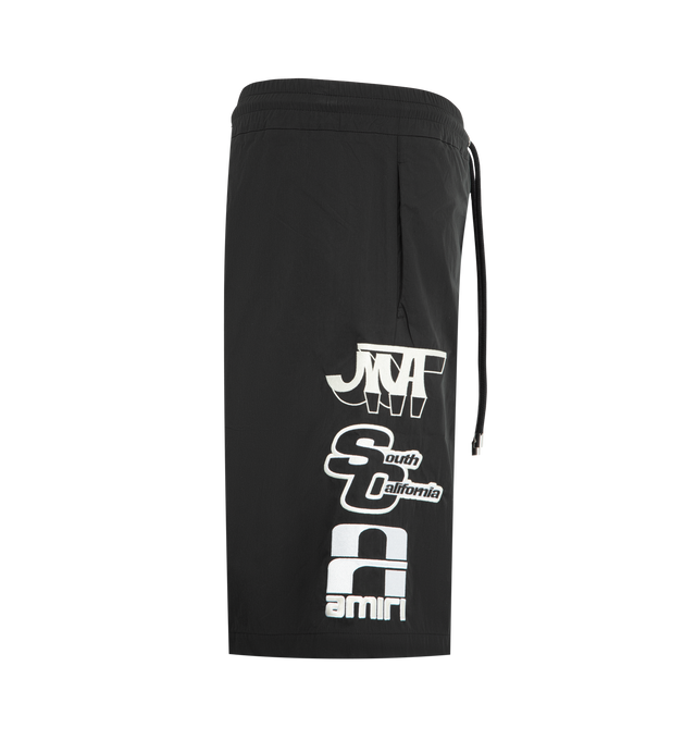 Image 3 of 4 - BLACK - AMIRI Sporty Emb Cotnyl Short featuring elastic waist, drawstring closure, side pockets and graphics at side seams. Made in Italy.