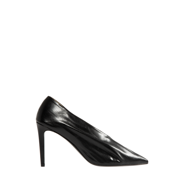 Image 1 of 4 - BLACK - Khaite pump inspired by the soft folds of fabric and crafted in Italy of glazed calfskin selected for its luminous shine. The deconstructed upper is lined in cigar-hued suede, accentuating a natural fit that moves with the foot. Detailed with signature gold staple. 2" high heel. Glazed calf (100% calfskin). Made in Italy.