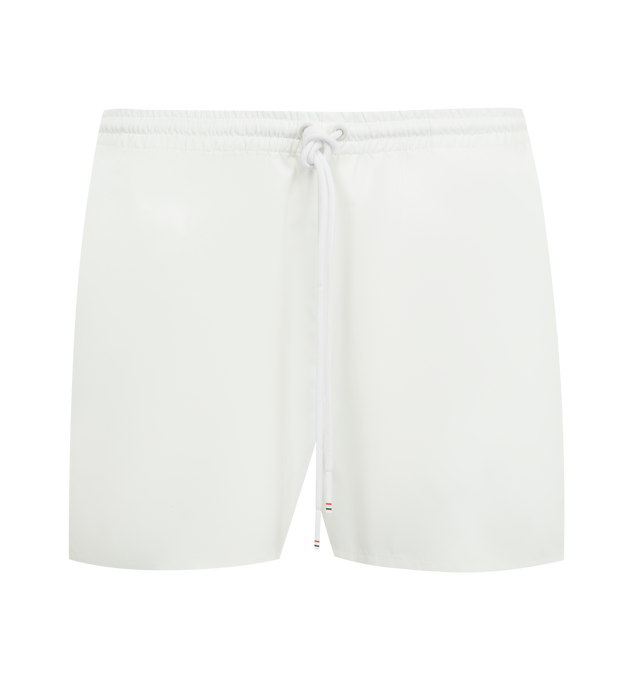 Image 1 of 3 - WHITE - THOM BROWNE Nylon Tech Track Short featuring elasticated drawstring waistband with RWB-detailed aglets, slip hand pockets, curved RWB grosgrain trim across back and signature striped grosgrain loop tab. 51% polyamide, 49% cotton. Lining: 65% polyester, 35% cotton. Made in Italy.