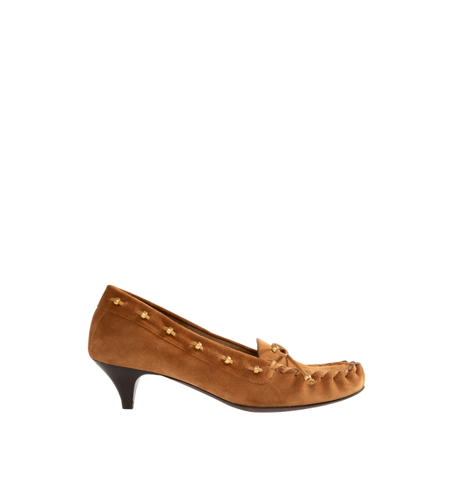 Image 1 of 4 - BROWN - KHAITE Milly Pump featuring velvety suede, tubular construction, tonal whipstitching and grommeted lacing threaded by hand with gold beads. Lined in suede. 100% calfskin.