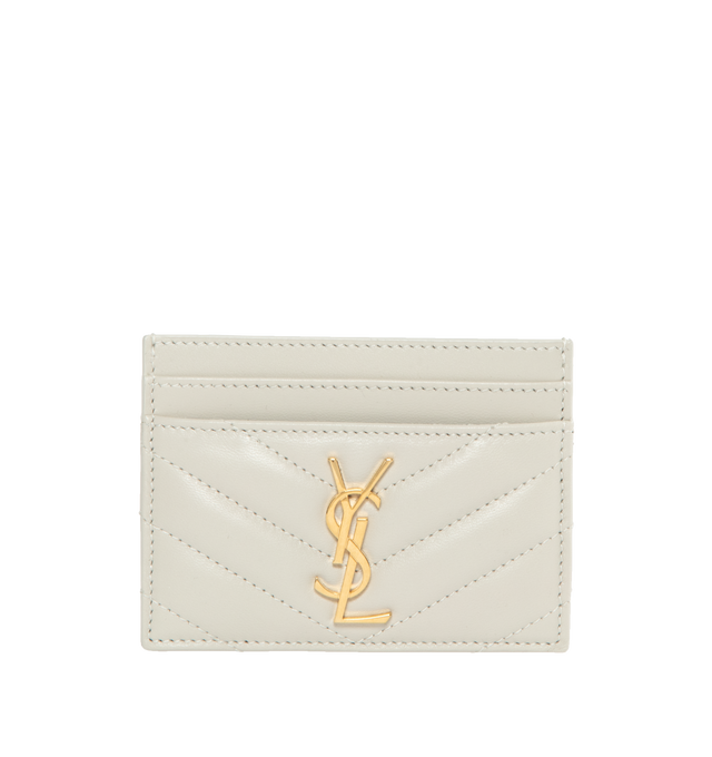Image 1 of 3 - WHITE - SAINT LAURENT Monogram Card Case featuring five card slots, gold tone hardware, cassandre and chevron-quilted overstitching. 4 X 2.8 X 0.1 inches. 100% lambskin. Made in Italy.