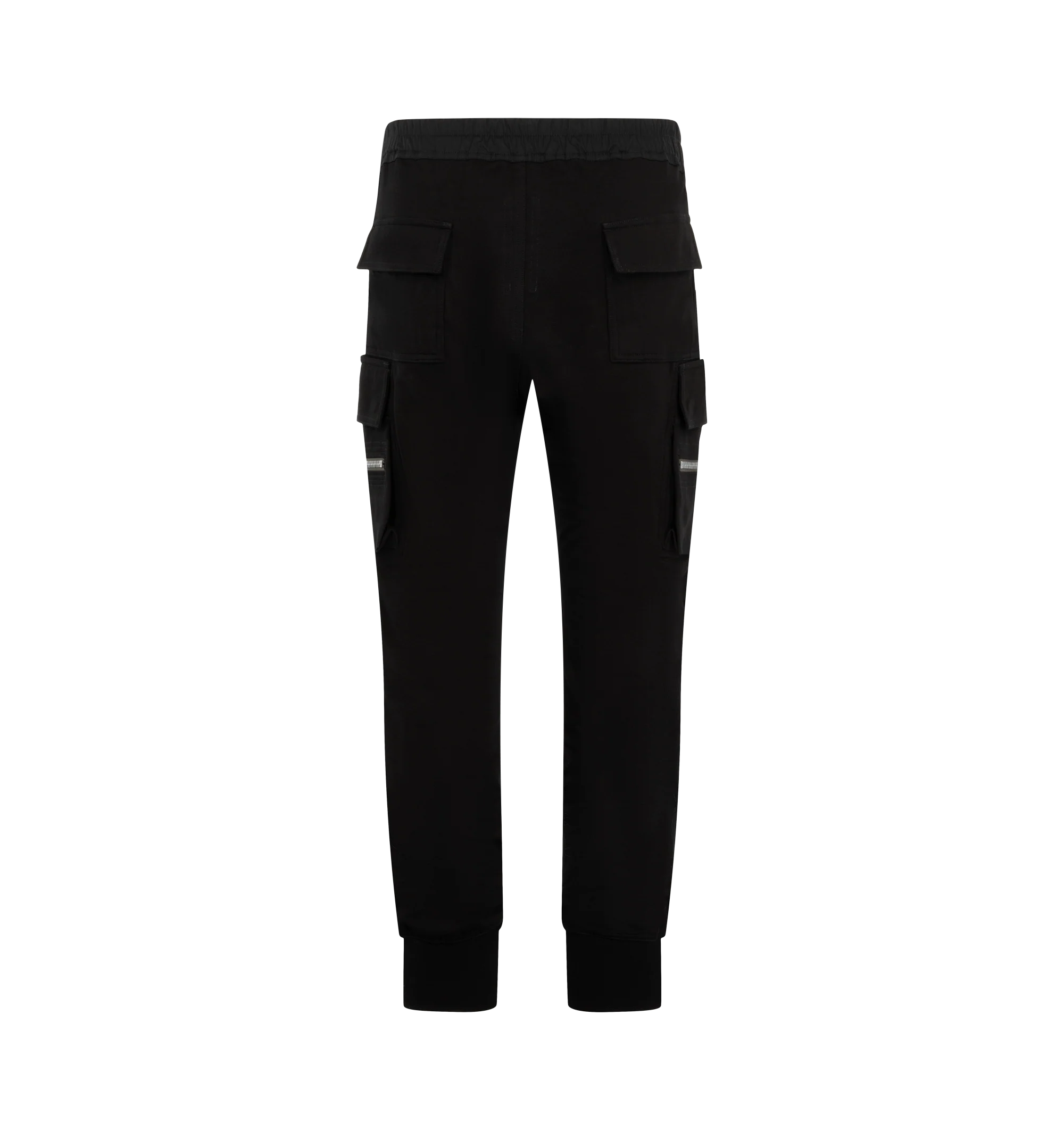 Image 2 of 3 - BLACK - Rick Owens Mens Mastodon Cargo Pants are crafted from cotton poplin. Feature a slim fit, elasticized waistband with drawstring, side pockets, zip cargo pannier pockets with flaps and tabs, back flap pockets, and elasticized ankles. Main Material: 97% Cotton, 3% Elastane. Made in Italy.