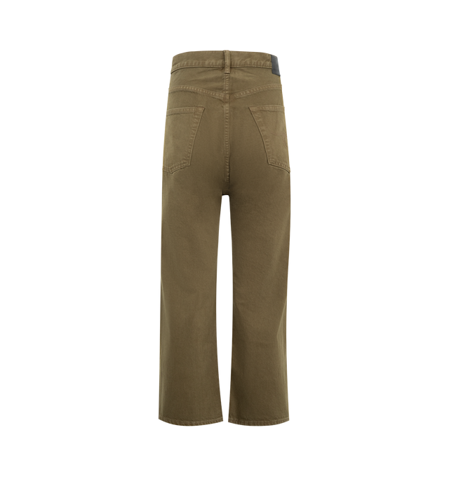 Image 2 of 3 - GREEN - R13 Tailored Drop Jeans featuring loose-fit, belt loops, five-pocket styling, button fly, leather logo patch at back waistband and cropped fit. 100% cotton. Made in Italy.  