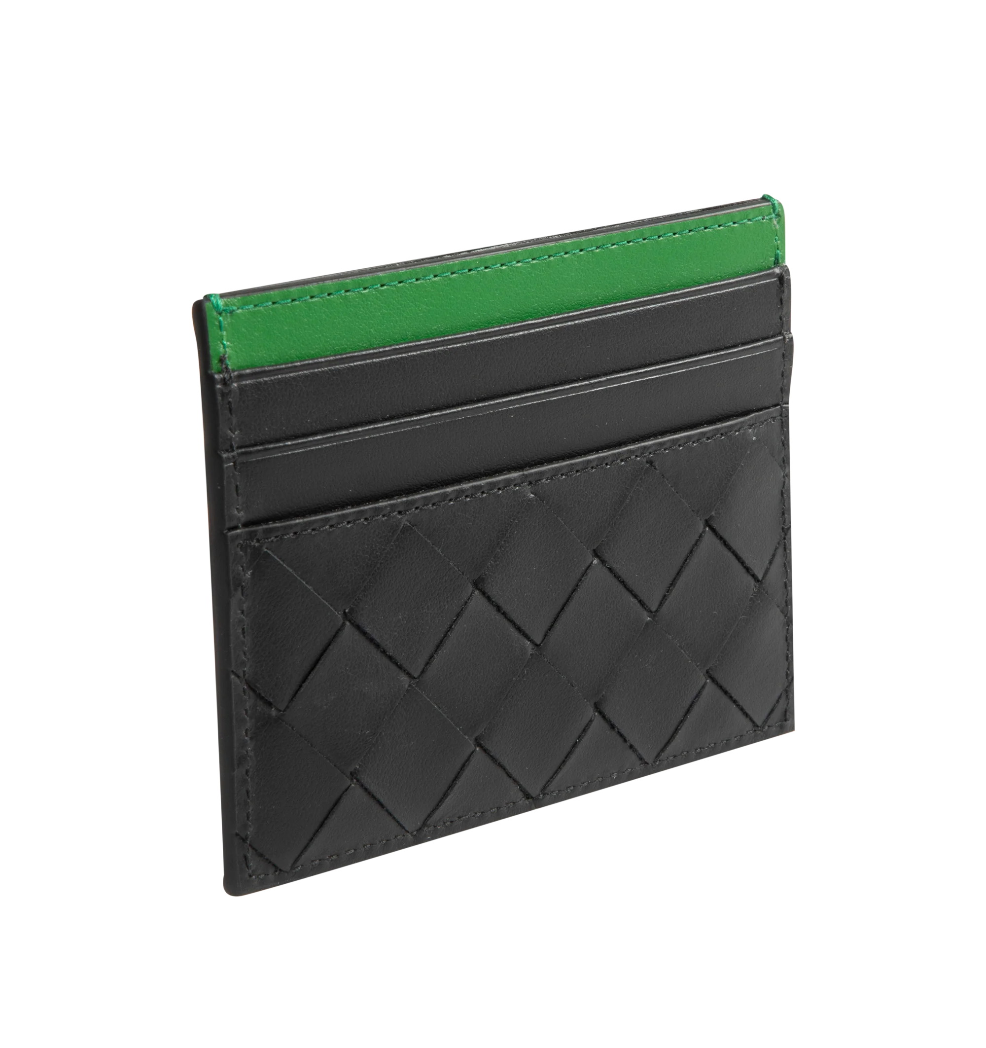 Image 2 of 3 - BLACK - Bottega Veneta Intrecciato Credit Card Case featuring intrecciato two-tone calfskin leather card case with six card slots and one central pocket. Calfskin. Made in Italy. 
