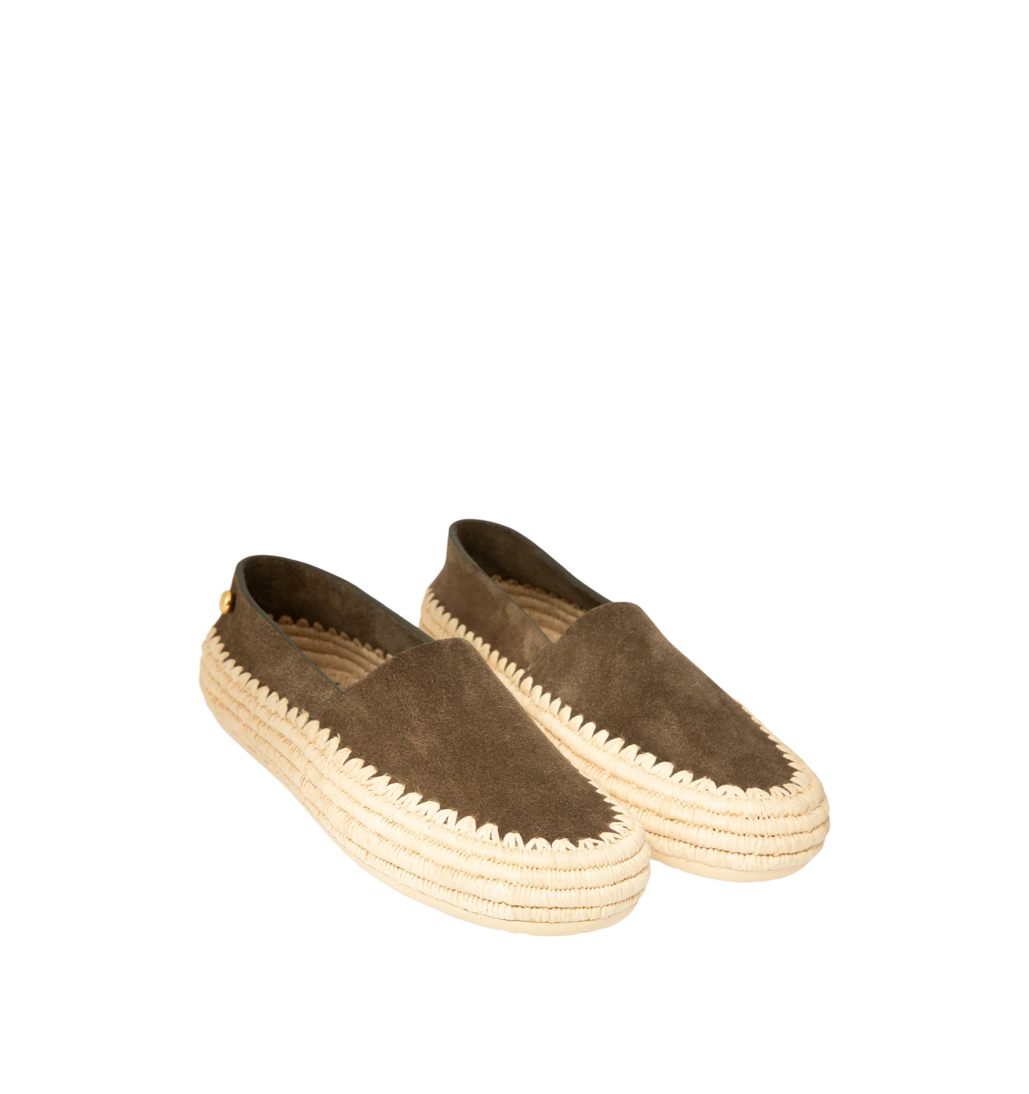 Image 2 of 4 - GREEN - Loewe Mens Slippers are crafted from suede and raffia. Feature handcrafted raffia embroidery, rounded toe, engraved Anagram pebble detail, padded leather insole, embossed Anagram rubber outsole, and a 0.5 cm heel height. Main Material: Suede, Raffia. Made in Spain. 