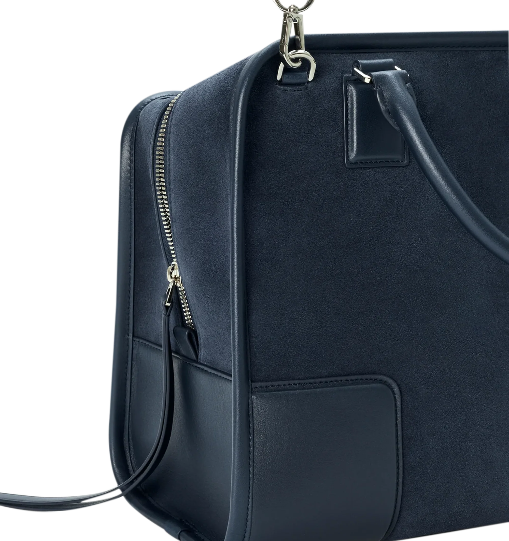 Image 15 of 16 - NAVY - Loewe Large Amazona 180 Bag in suede featuring a relaxed silhouette anchored by a single toron top handle, designed to be carried open while a concealed closure secures the main compartment, removable shoulder and crossbody straps, zip closure with two leather zip pullers, two compartments, main compartment closed with magnetic closure, internal flat pocket, left side d-ring for customization, suede and nappa lambskin lining, embossed LOEWE and embossed double L branding. Suede/calf. 