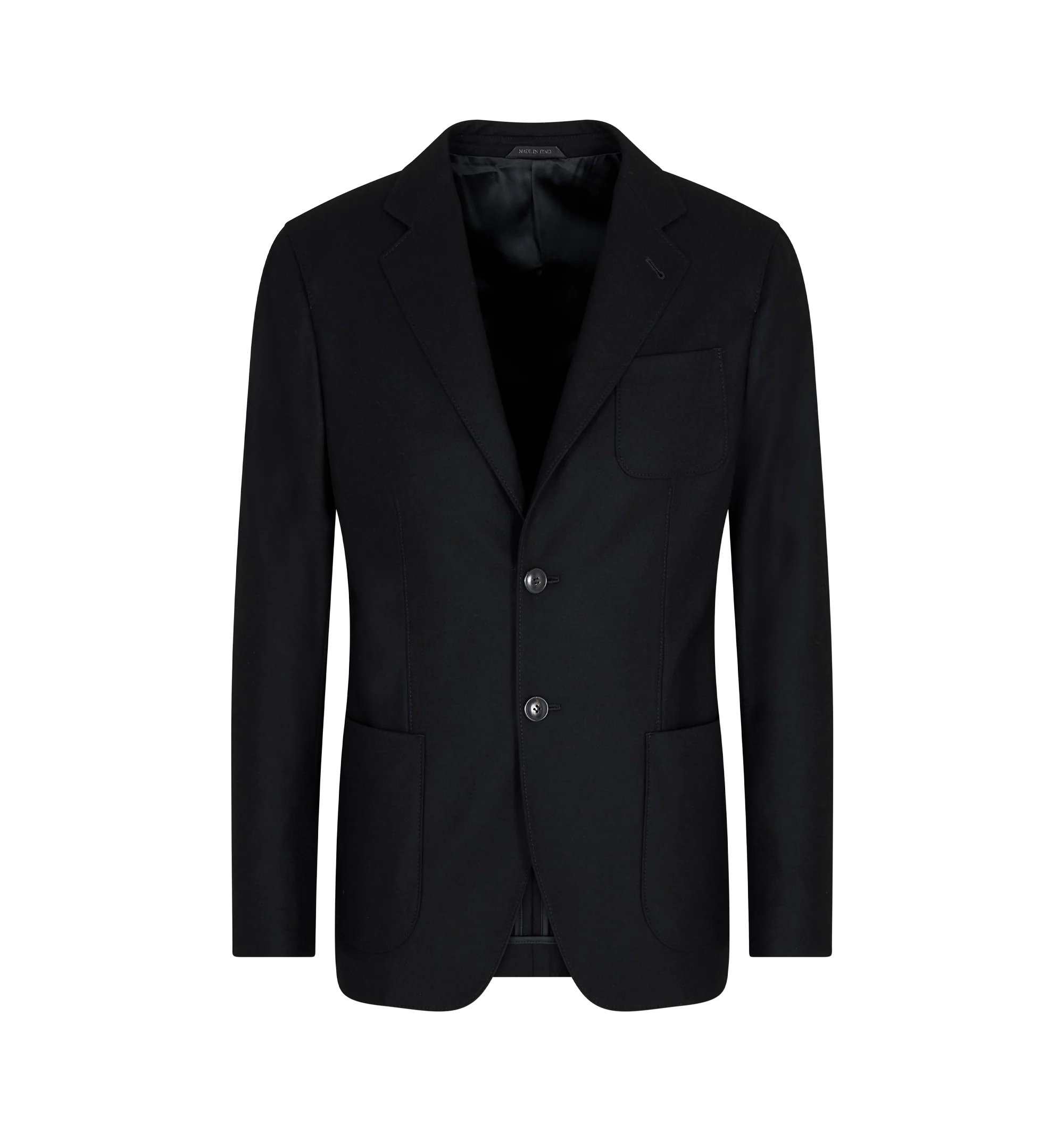 Image 1 of 1 - BLACK - Giorgio Armani Men's Stretch Cashmere Upton Jacket is crafted from a luxurious stretch cashmere blend and features a streamlined, fully deconstructed silhouette from the Upton line. This single-breasted, two-button jacket is lightweight and comfortable, with notched lapels, patch pockets, and a chest pocket that enhance its refined yet effortless appeal. Fabric: 96% Cashmere, 4% Elastane; Lining: 96% Polyester, 4% Elastane.