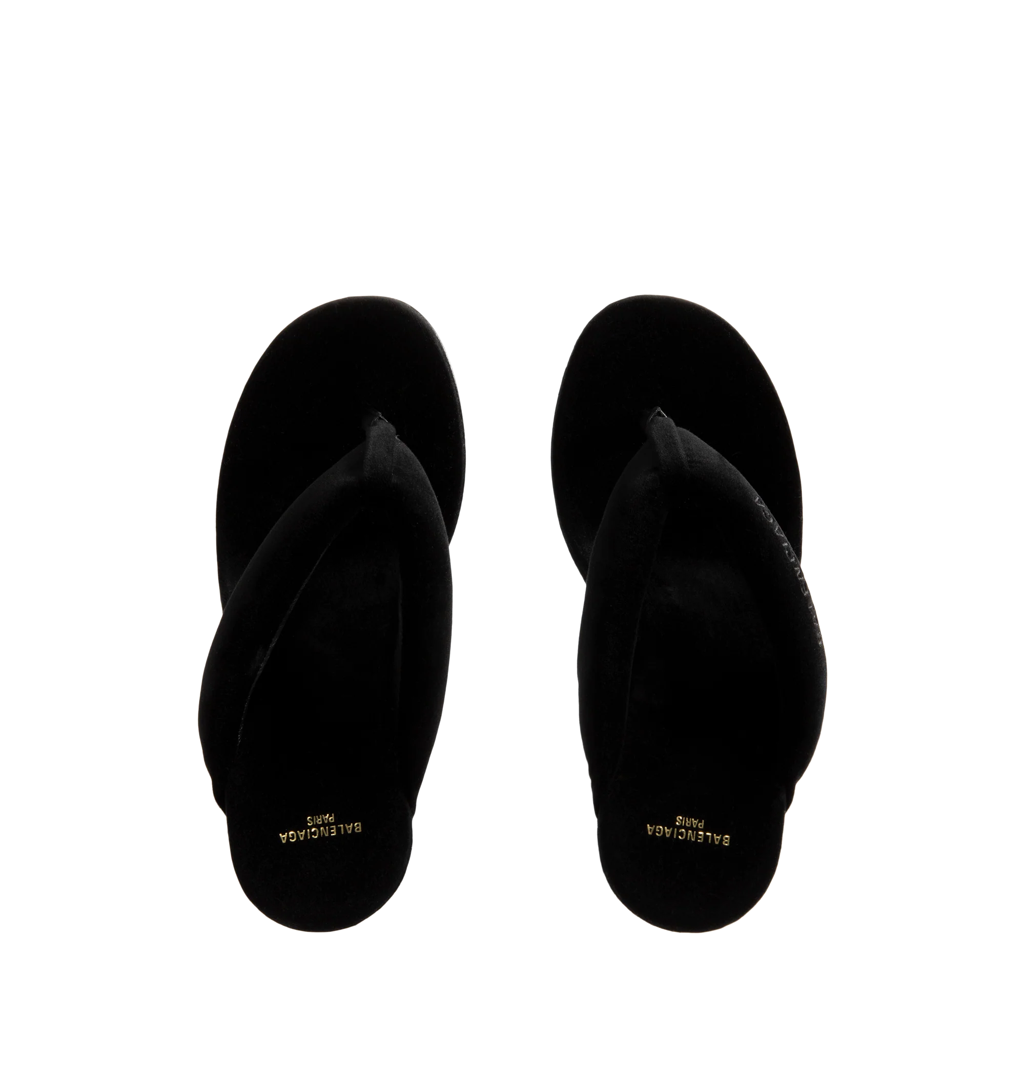 Image 4 of 4 - BLACK - Balenciaga Womens Gaeta Wedge Thong Sandals are crafted from a plush stretch velvet material. Feature a round toe, padded thong strap, slip-on design, 90mm arch wedge heel, and leather sole. Upper: cotton, viscose, elastane, Sole: calfskin, Insole: cotton, viscose, elastane. Made in Italy.