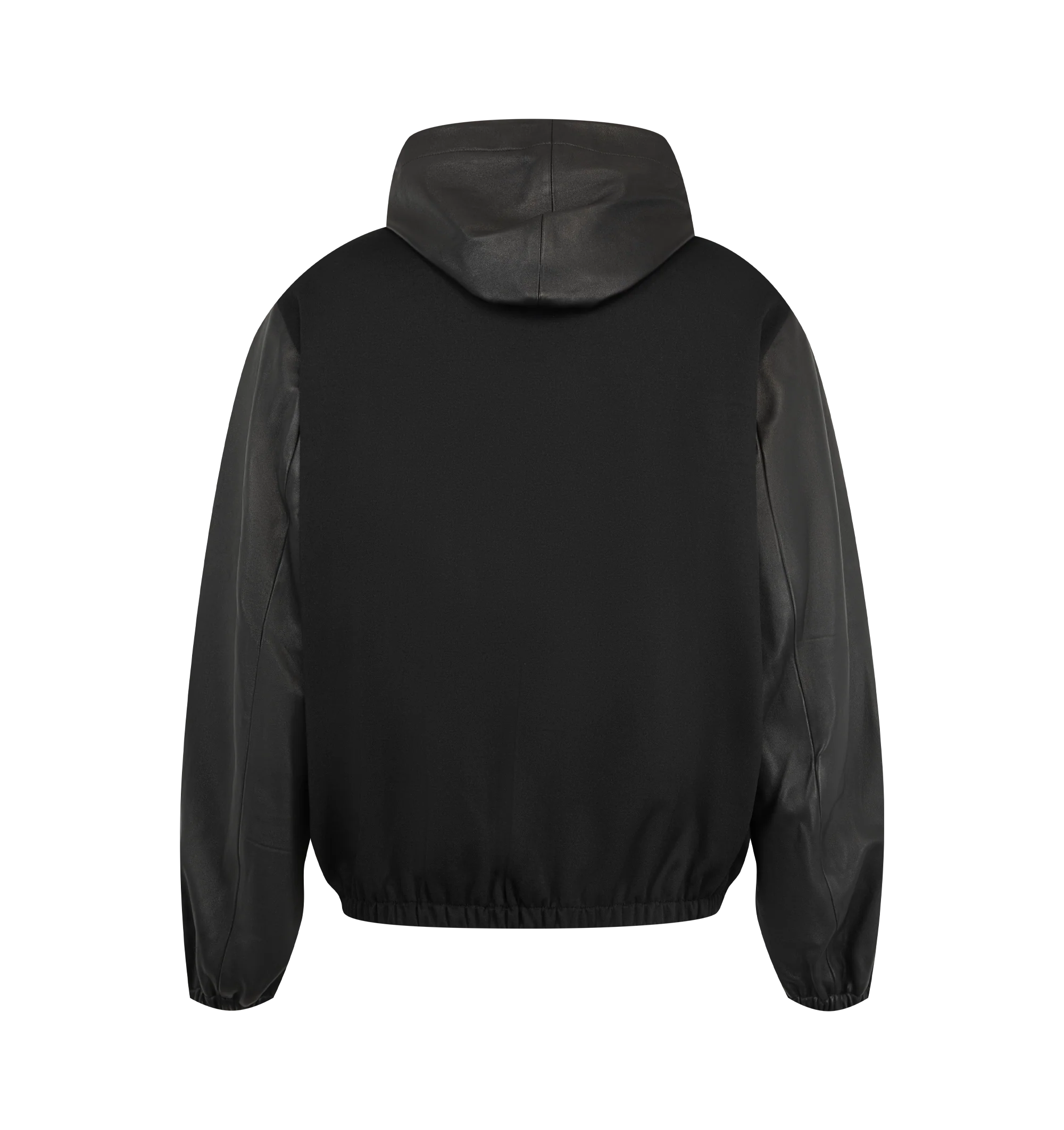 Image 2 of 3 - BLACK - Wales Bonner Men's Vista Leather Anorak is crafted from soft plong leather and technical twill and features a relaxed silhouette in a black and ivory colorway. Inspired by ceremonial dress, the design is detailed with a contrasting sash-style panel across the front, a drawstring hood, and a two-way zip closure. Finished with zip seam pockets, elasticized cuffs and hem, dropped shoulders, and an embossed logo at the chest. 68% Polyester, 18% Polyacrylic, 12% Rayon, 2% Polyurethane. Con 