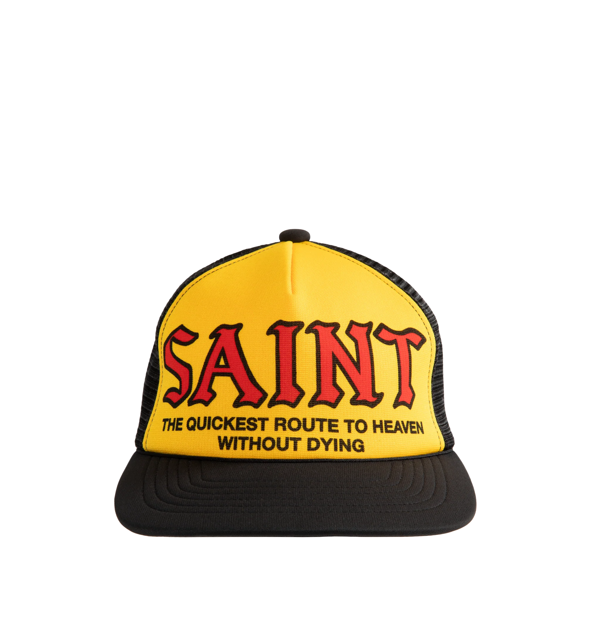 Image 1 of 2 - YELLOW - Saint Michael Mesh Saint Snapback Cap features a yellow base accented with the red SAINT logo. The breathable mesh body offers a lightweight, stress-free fit.Snapback design allows easy size adjustment.