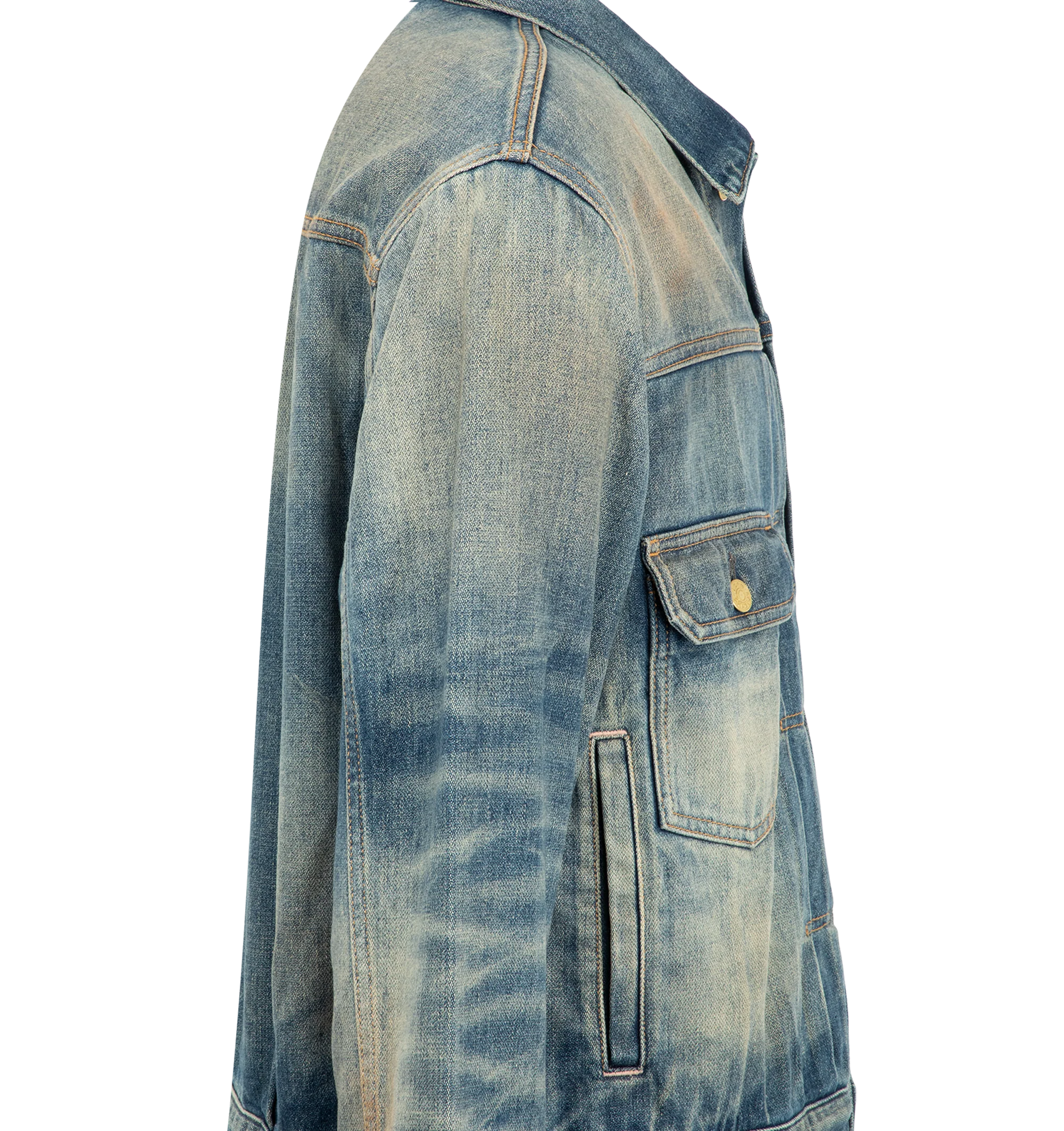 Image 3 of 3 - BLUE - Acne Studios Men's Scraped Denim Jacket is crafted from lightweight indigo broken-twill denim and features a regular-fit, boxy silhouette with a hip-length cut. Designed with contrasting whiskering and scraping for a worn-in appearance, the jacket is finished with chest and welt pockets and branded button closures that enhance its utilitarian character. Main Material: 82% Cotton, 18% Lyocell.