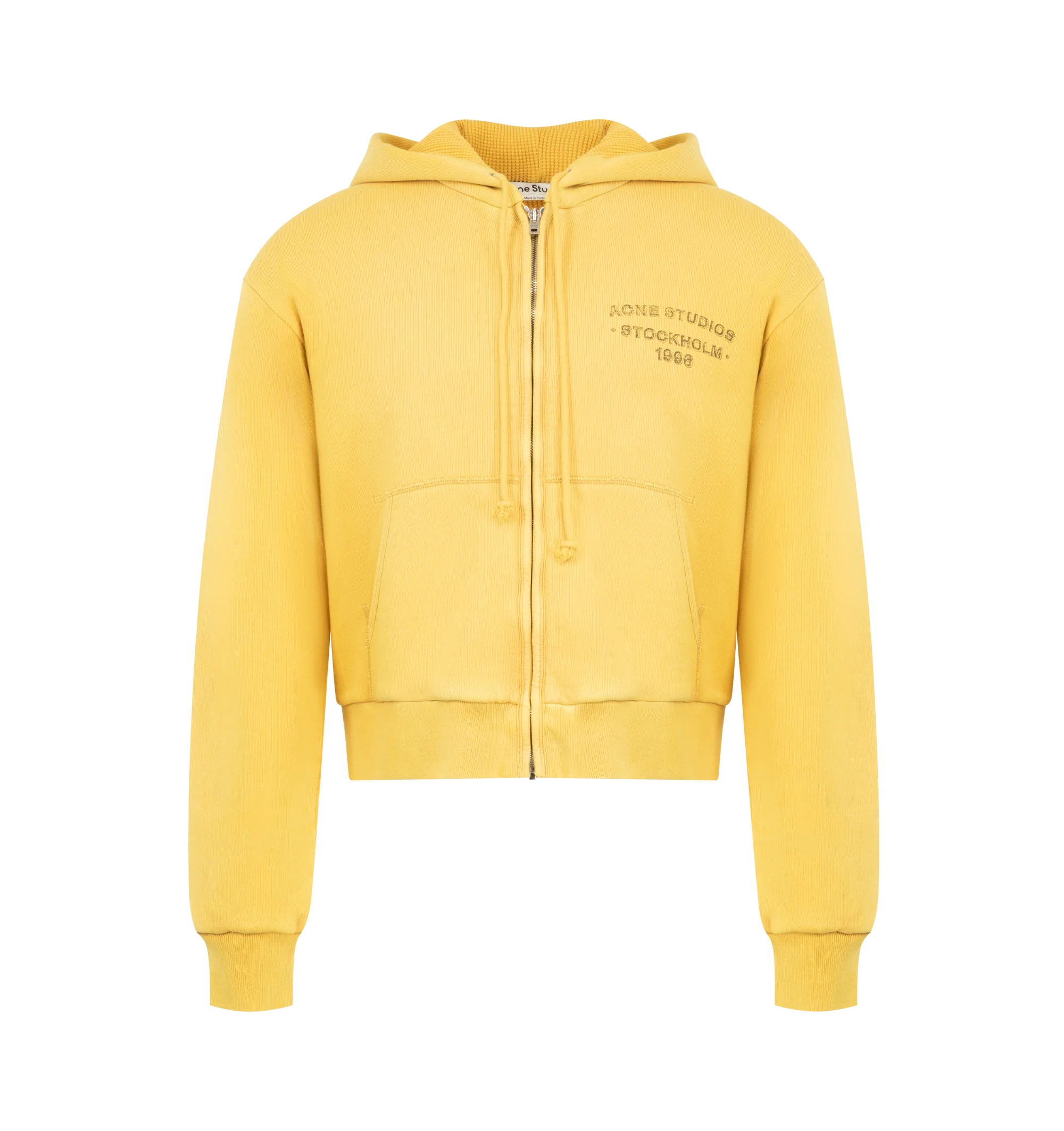 Image 1 of 2 - YELLOW - Acne Studios Hooded Sweatshirt featuring sprayed cotton fleece, regular unisex fit, waist-length, long sleeves, zip-up front, drawcord hood, ribbed cuffs and hem, kangaroo pockets and Acne Studios 1996 logo stamp on chest. 100% cotton.