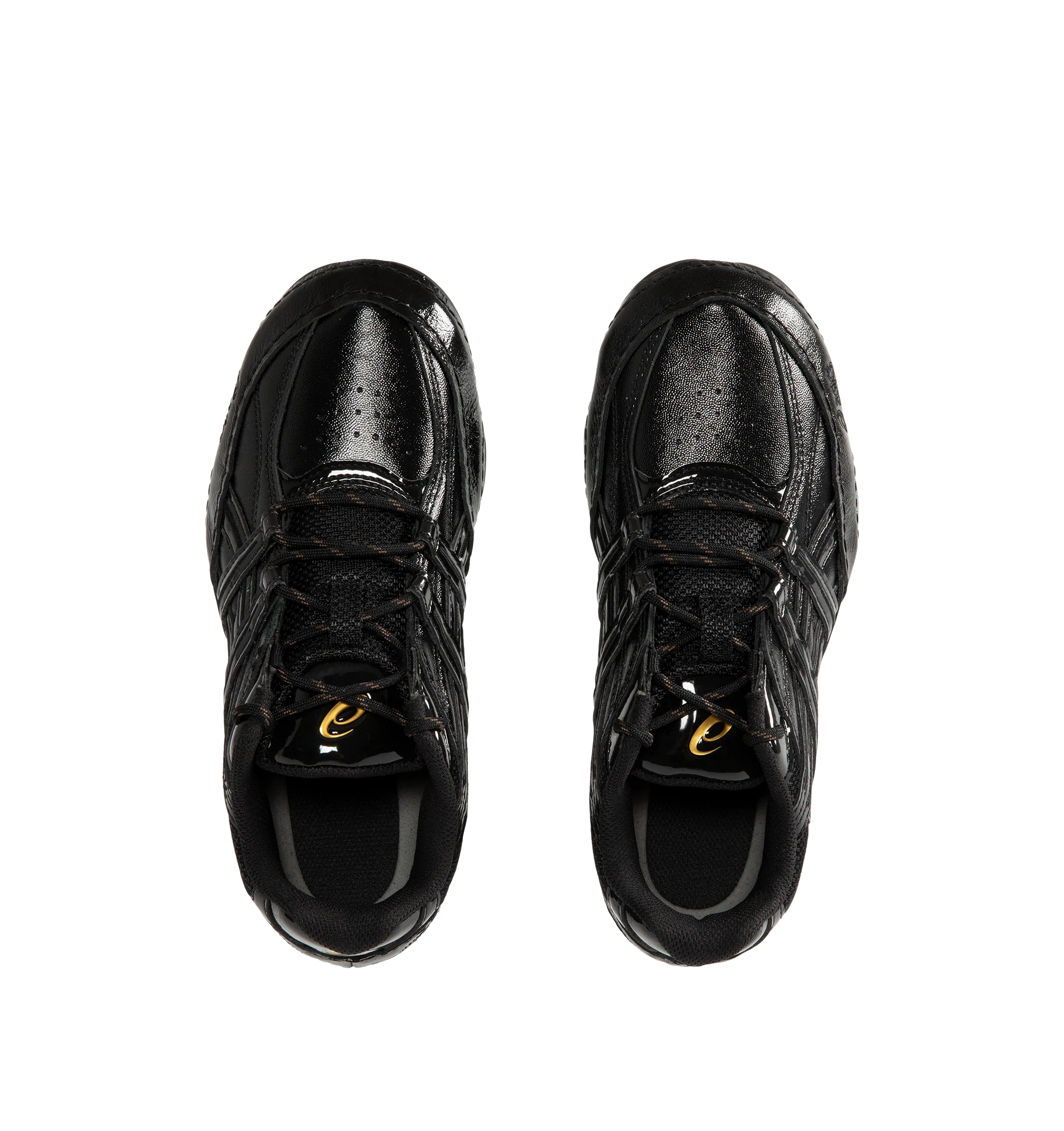 Image 5 of 5 - BLACK - Asics Hypersync Sneakers are inspired by the brand's archived wrestling and track field footwear, combining heritage design with modern comfort. Featuring a breathable air mesh upper with textured patent leather overlays, decorative stitching, and premium gold logo detailing, these designer sneakers deliver a sleek, low-profile silhouette. Finished with an OrthoLite sockliner for enhanced cushioning, a durable AHARPLUS rubber outsole inspired by the SNAPDOWN wrestling shoe, and a no