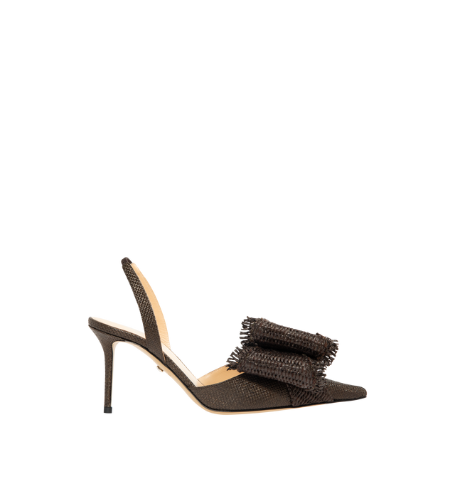 Image 1 of 4 - BROWN - MACH MACH Raffia Fringed Slingback Sandals featuring a pointed toe, a slingback strap, raffia and fringe detailing and a bow detail. 85MM. 100% raffia. Sole: 100% calf.