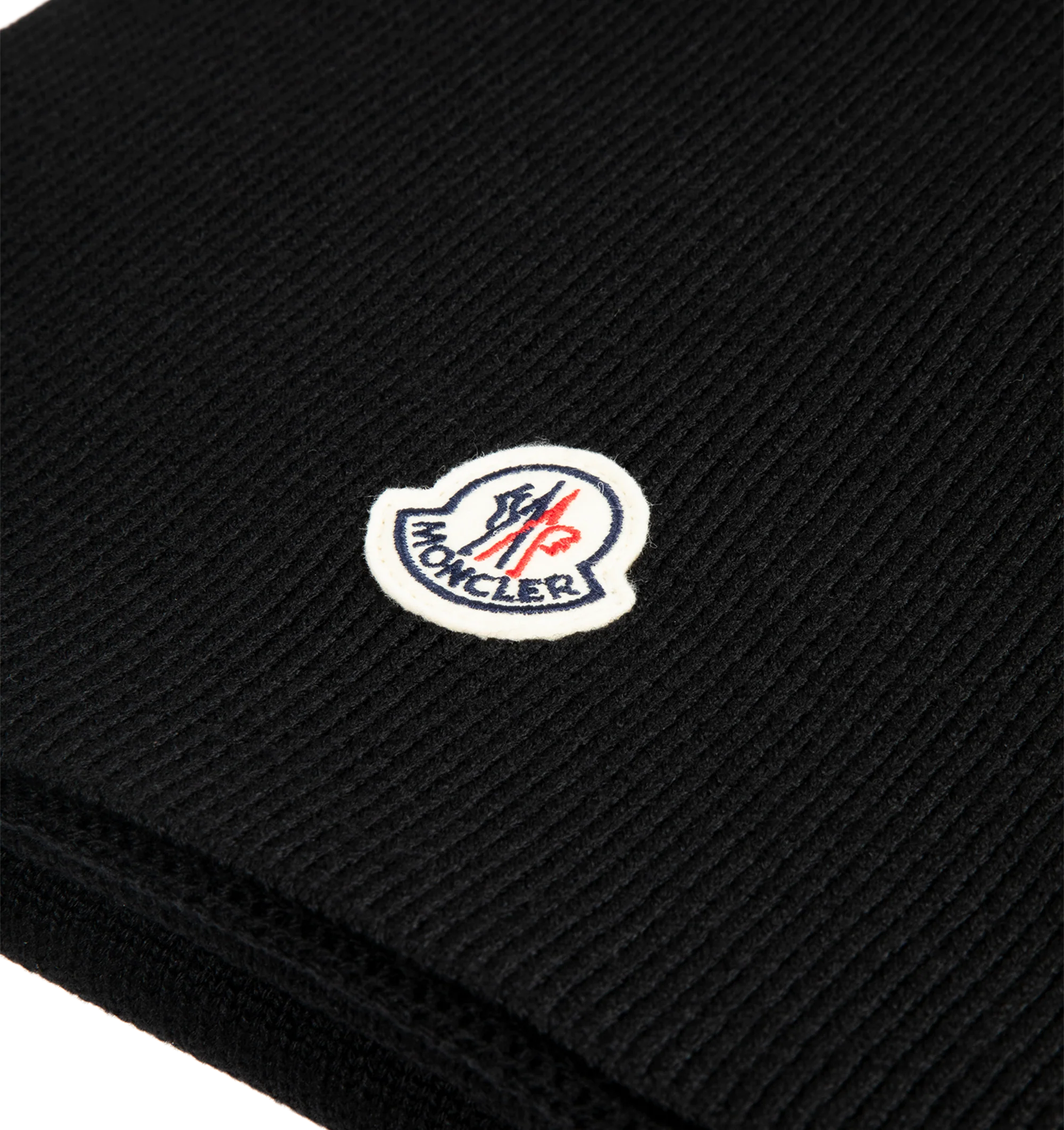 Image 2 of 2 - BLACK - Moncler Wool Blend Logo Scarf is crafted from a soft wool blend, providing exceptional warmth and comfort for colder days. BASE FABRIC: 90% Virgin wool, 10% Cashmere