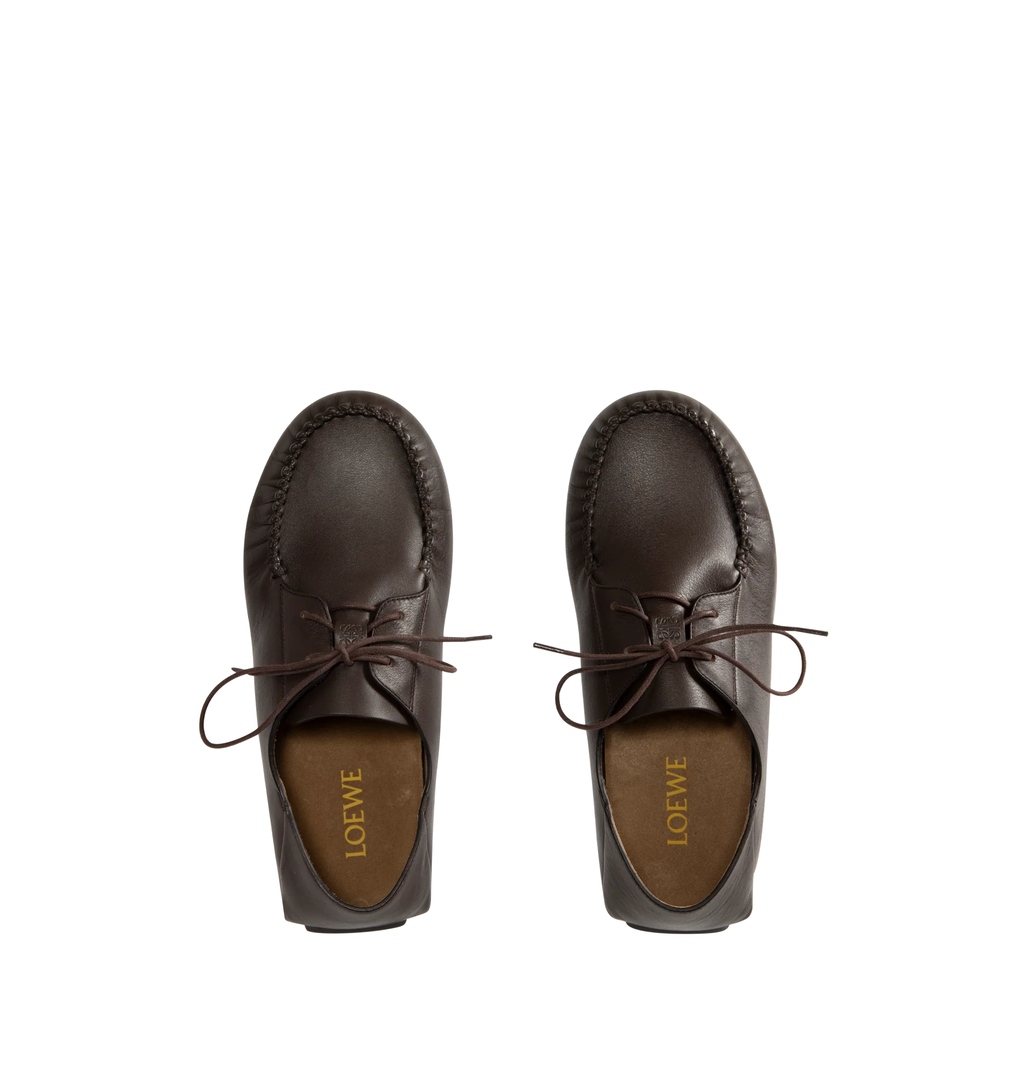 Image 4 of 4 - BROWN - Loewe Boat shoe in soft calfskin made in a classic moccasin construction, featuring a round toe shape, waxed laces and hand-stitched details around the upper. Square lace closure, embossed Anagram on the upper, padded leather insole, suede lining, injected rubber outsole with Anagram cut-out detail. Made in Italy. 