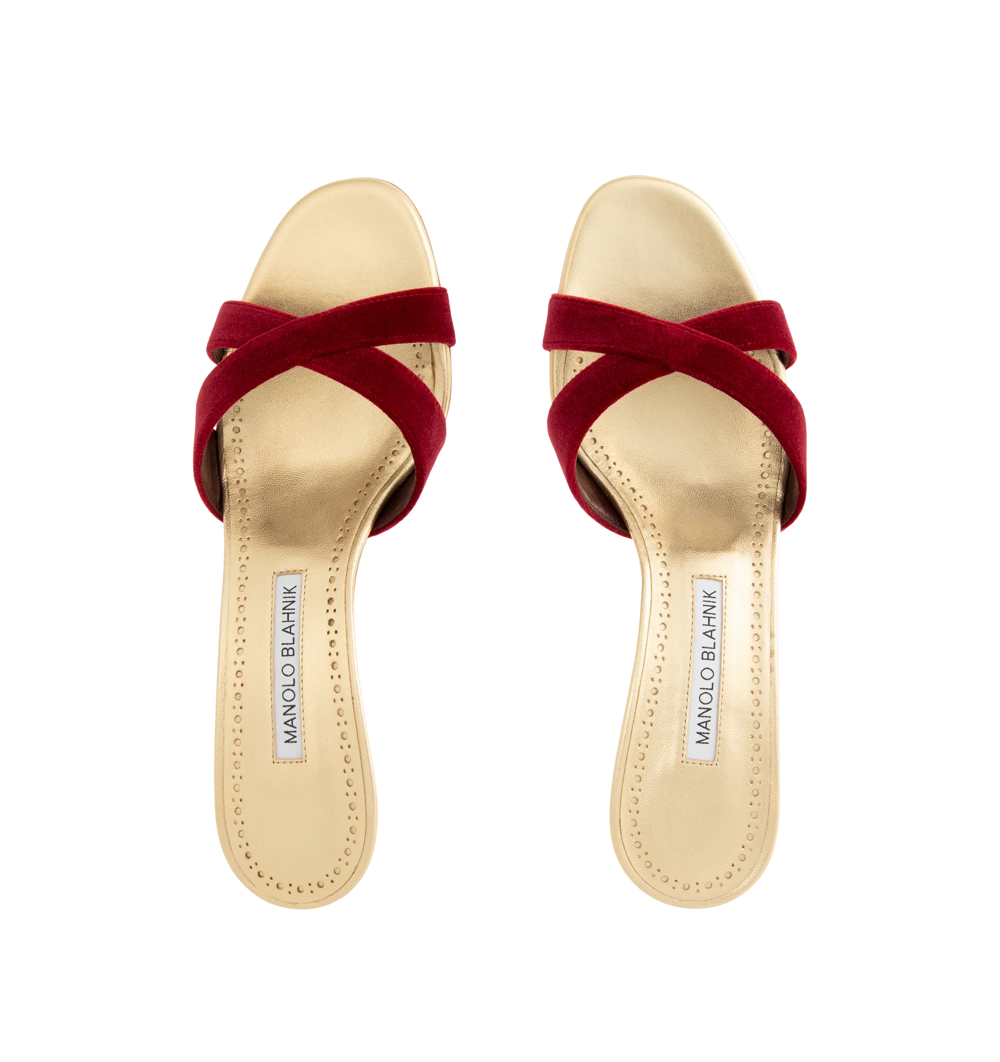 Image 4 of 4 - RED - Manolo Blahnik Women's Callydramu kitten heeled sandals are crafted from dark red velvet and gold nappa leather and feature an open-toe silhouette with crossover front straps and a sculptural 50mm angular heel. These designer heeled sandals combine luxurious Italian craftsmanship with elegant color contrast, making them a sophisticated choice for special occasions and evening wear. Main Material: 95% Velvet, 5% Lamb Nappa Leather. Lining: 100% Kid Leather. Sole: 100% Calf Leather. Heel