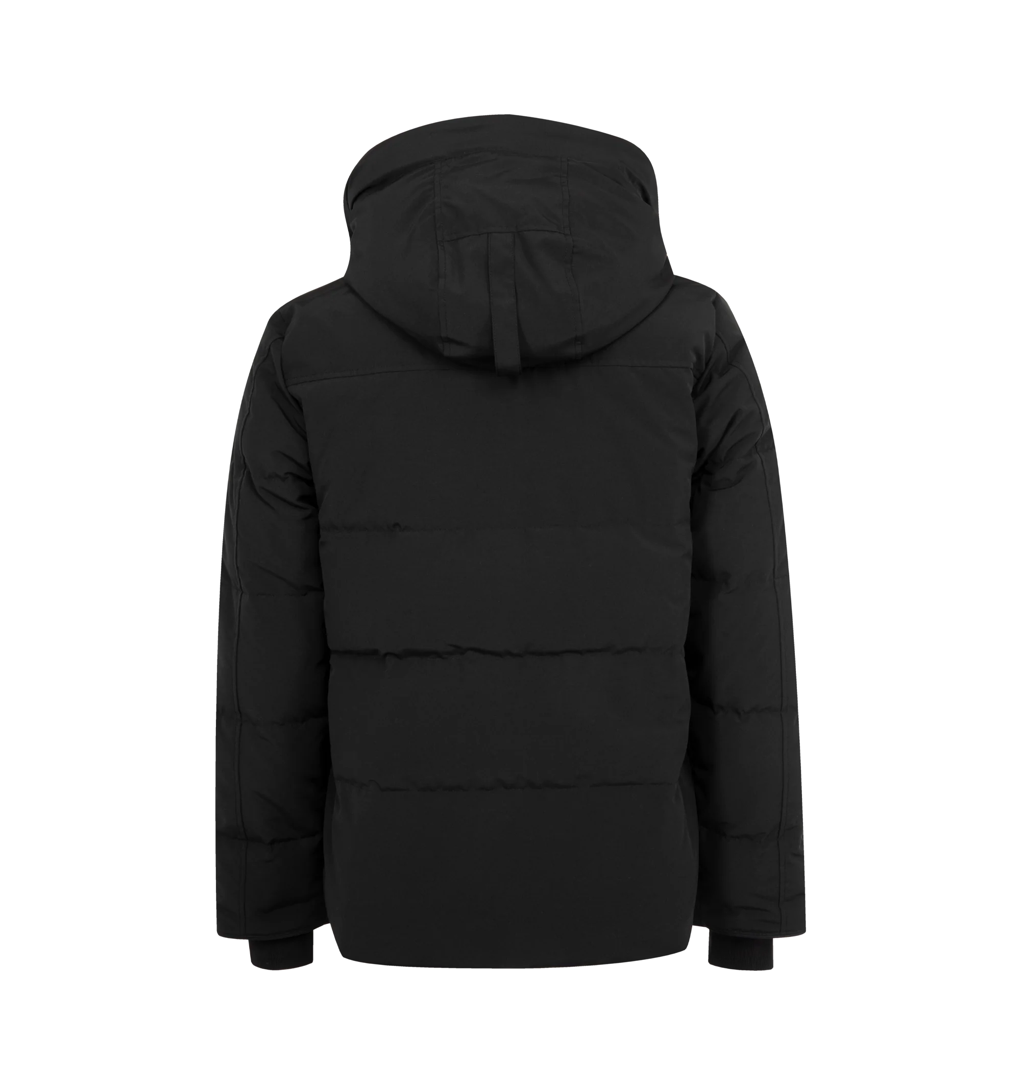 Image 2 of 3 - BLACK - CANADA GOOSE MacMillan Parka featuring adjustable down-filled Snorkel hood, hood features a removable zipper guard for the option of changing your hood trim for a customized look and added protection, chin guard is lined with tricot fabric, sleek interior hanging lining with backpack straps, placket with snap closures over 2-way zipper, storm flap underneath 2-way zipper, sleeve cuffs reinforced with CORDURA fabric, sip-length, cut longer in the back, 2 exterior fleece lined front poc 
