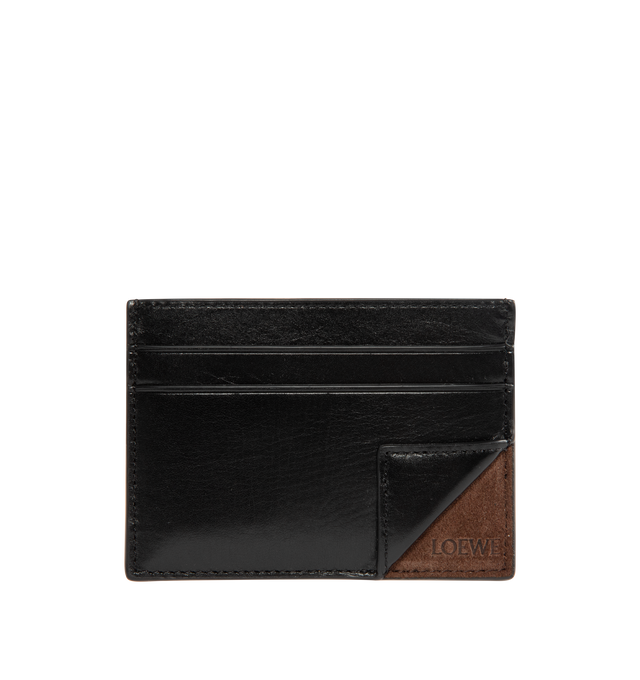 Image 1 of 3 - BLACK - LOEWE Switch Plain Cardholder in supple grained calfskin and suede featuring a playful corner fold that creates the illusion of an open pocket, four card slots, one central pocket, calfskin lining and embossed LOEWE. Supple grained calf/suede. 7.5 cm x 10.3 cm x 0.3 cm. Made in Spain.