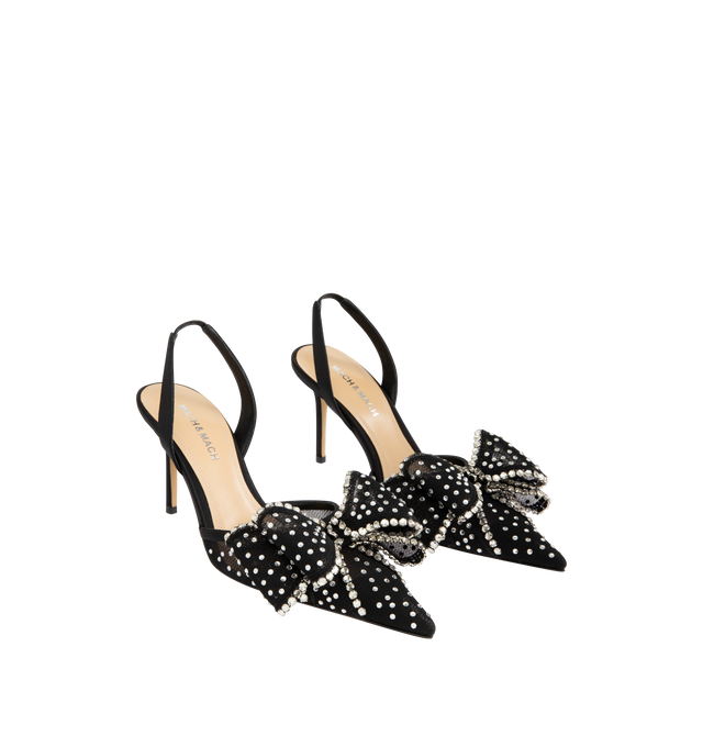 Image 3 of 5 - BLACK - MACH MACH Le Cadeau Crystal Mesh Slingback featuring an elasticated slingback strap, a high stiletto heel, crystal embellishments and bow detailing. The heel height measures 85mm. Made in Italy.
