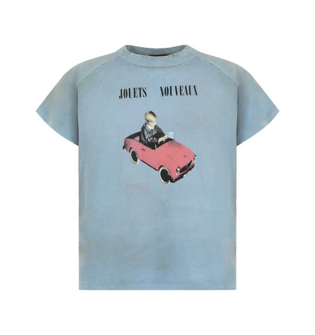Image 1 of 2 - BLUE - Enfants Riches Deprimes Raglan Short-sleeve mock neck baby fit T-shirt in 100% cotton medium weight baby rib. Featuring a vintage wash process and distreesing throughout, single stitch at cuff, overedge hem at waist and printed artwork at the front and back. Made in USA.