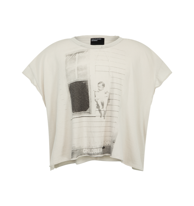 Image 1 of 3 - WHITE - Enfants Riches Deprimes Children of Unborn cut-off sleeve T-shirt crafted from light weight vintage texture cotton jersey. Featuring a boxy cropped fit, rib knit neckline, vintage wash process and distressing throughout, and printed artwork at the front and back. Made in USA.