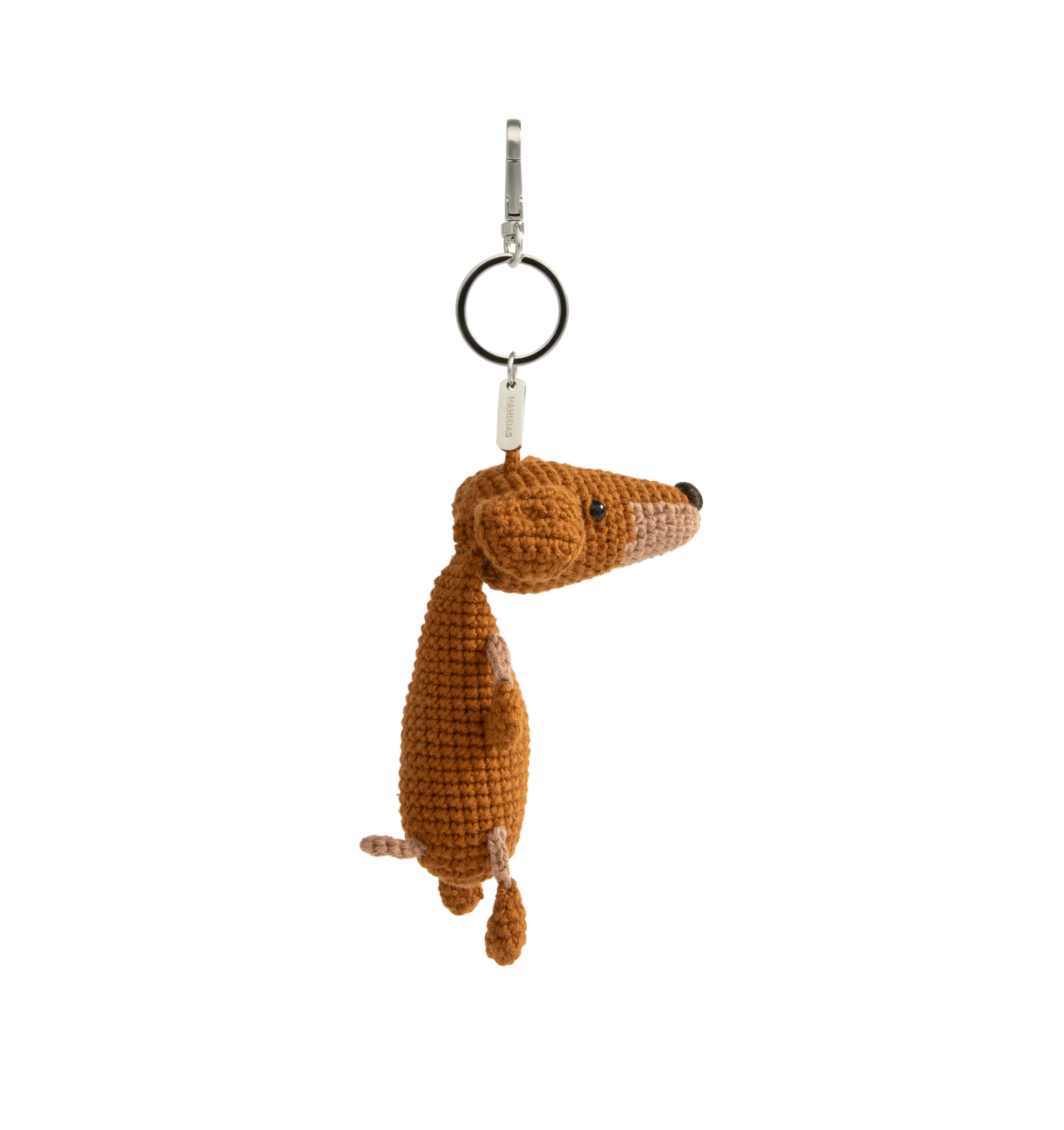 Image 2 of 2 - BROWN - Nahmias Roo Crochet Doxie Keychain is handcrafted in crochet. Features silver-tone hardware and a Nahmias logo tag. Main Material: Crochet. Hardware: Silver-Tone Metal. Imported