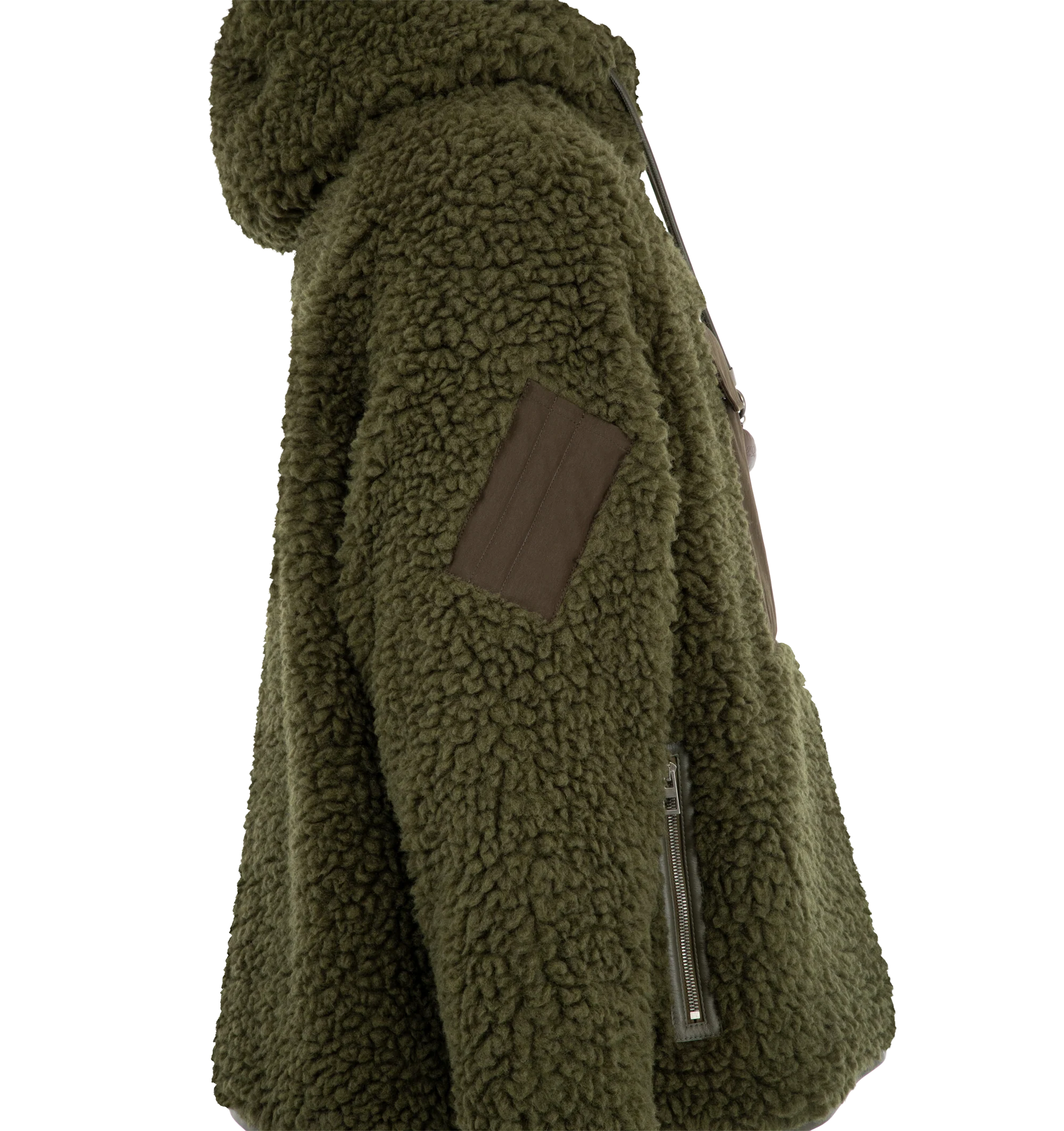 Image 3 of 3 - GREEN - Loewe Anorak is crafted from medium-weight khaki green polyester-and-wool fleece and features a relaxed fit with a regular length and zippered hooded collar. A leather drawstring with detachable whale and bottle-opener details, a contrasting front snap-flap pocket, a sleeve patch, front zip pockets, and leather-trimmed cuffs and hem complete the design. A debossed Double L leather patch accents the hood. Main Material: Polyester and Wool. Made in Italy. 