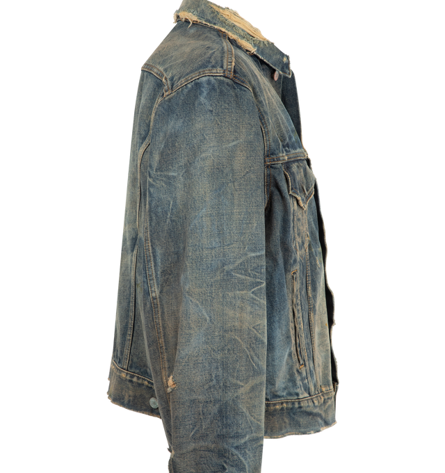 Image 3 of 3 - BLUE - ENFANTS RICHES DEPRIMES Type 3 Jacket featuring button front jacket in japanese selvedge denim, chest pocket with button closure flaps, welt pockets at waist, button closure adjustable tabs at back waist hem, signature vintage wash process and distressing throughout. Made in Japan.  