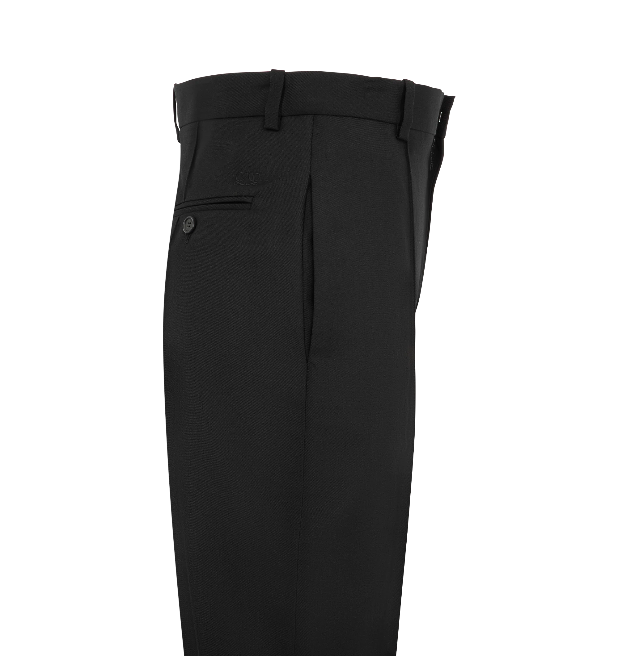 Image 3 of 3 - BLACK - Loewe Women's Trousers in Wool are crafted from lightweight fluid wool and feature a slim-fit silhouette with a regular length, mid-rise waist, and tapered leg. Designed with a concealed zip fly, seam pockets, and rear jet pockets, these trousers are finished with Double L embroidery at the back. Main Material: 100% Wool. Made in Italy. 