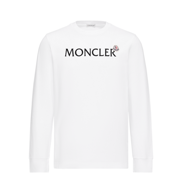Image 1 of 1 - WHITE - MONCLER Logo T-Shirt featuring crewneck, long sleeves, logo on front and regular fit. 100% cotton.