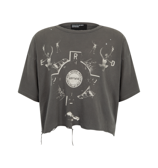 Image 1 of 3 - BLACK - Enfants Riches Deprimes 13 Bed of Nails short sleeve T-shirt crafted from light weight vintage texture cotton jersey. Featuring a boxy oversize fit, rib knit neckline, single stitch hem at cuffs and waist, raw hem at front waist, vintage wash process and distressing throughout, and printed artwork at the front and back. Made in USA.