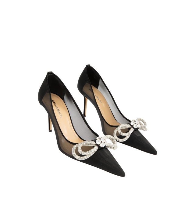 Image 2 of 4 - BLACK - MACH MACH Double Bow Mesh Pumps featuring a high stiletto heel, crystal double bow detailing, pointed toe and mesh upper. The heel height measures 85mm. Made in Italy.