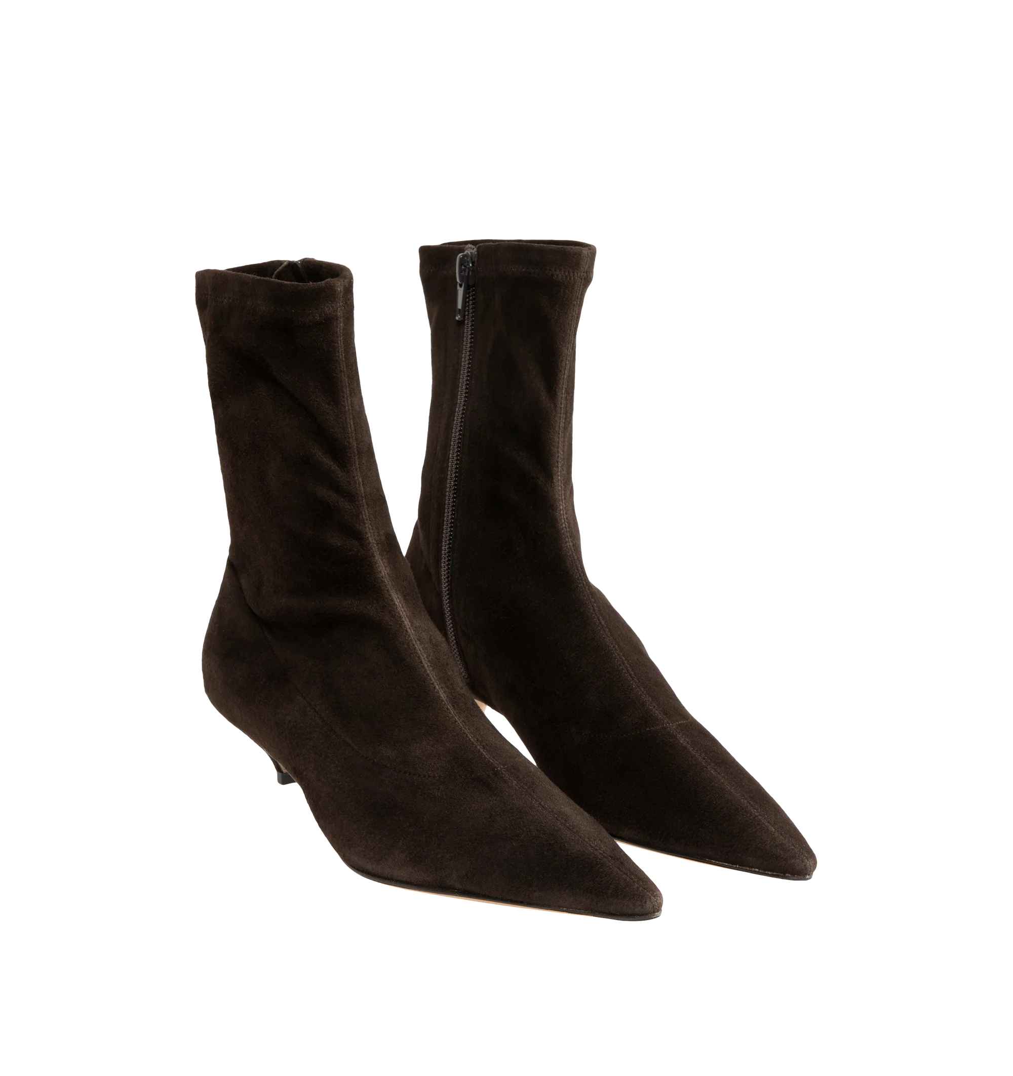 Image 2 of 4 - BROWN - The Row Women's Liisa Kitten Booties are crafted from soft lambskin suede and feature a pointed toe, side zip closure, and a refined kitten heel for an elegant, minimalist silhouette. These designer suede ankle boots combine exceptional Italian craftsmanship with timeless sophistication, making them a versatile choice for effortless day-to-evening styling. Main Material: 100% Lambskin Suede. Sole: Leather. Heel Height: 1.38 in. Made in Italy. 