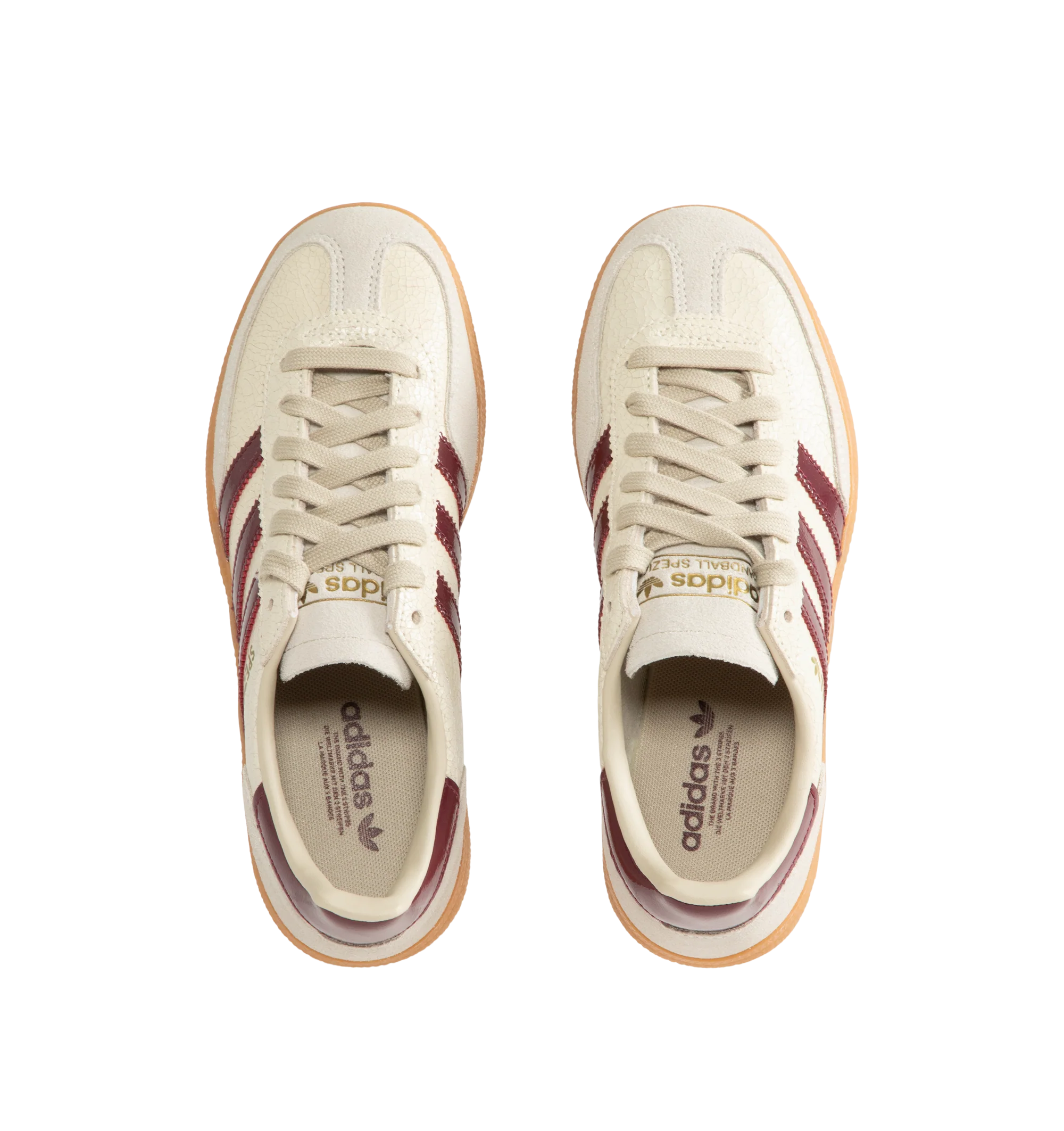 Image 5 of 5 - NEUTRAL - Adidas Men's Handball Spezial Sneakers feature a textured mix of cracked leather, suede overlays, and patent leather 3-Stripes. Designed in a regular fit with a secure lace-up closure, these designer sneakers feature signature Spezial detailing at the quarter and tongue and a soft gum rubber outsole. Upper: Leather. Lining and Insole: Textile and Other Materials. Outsole: Other Materials.  