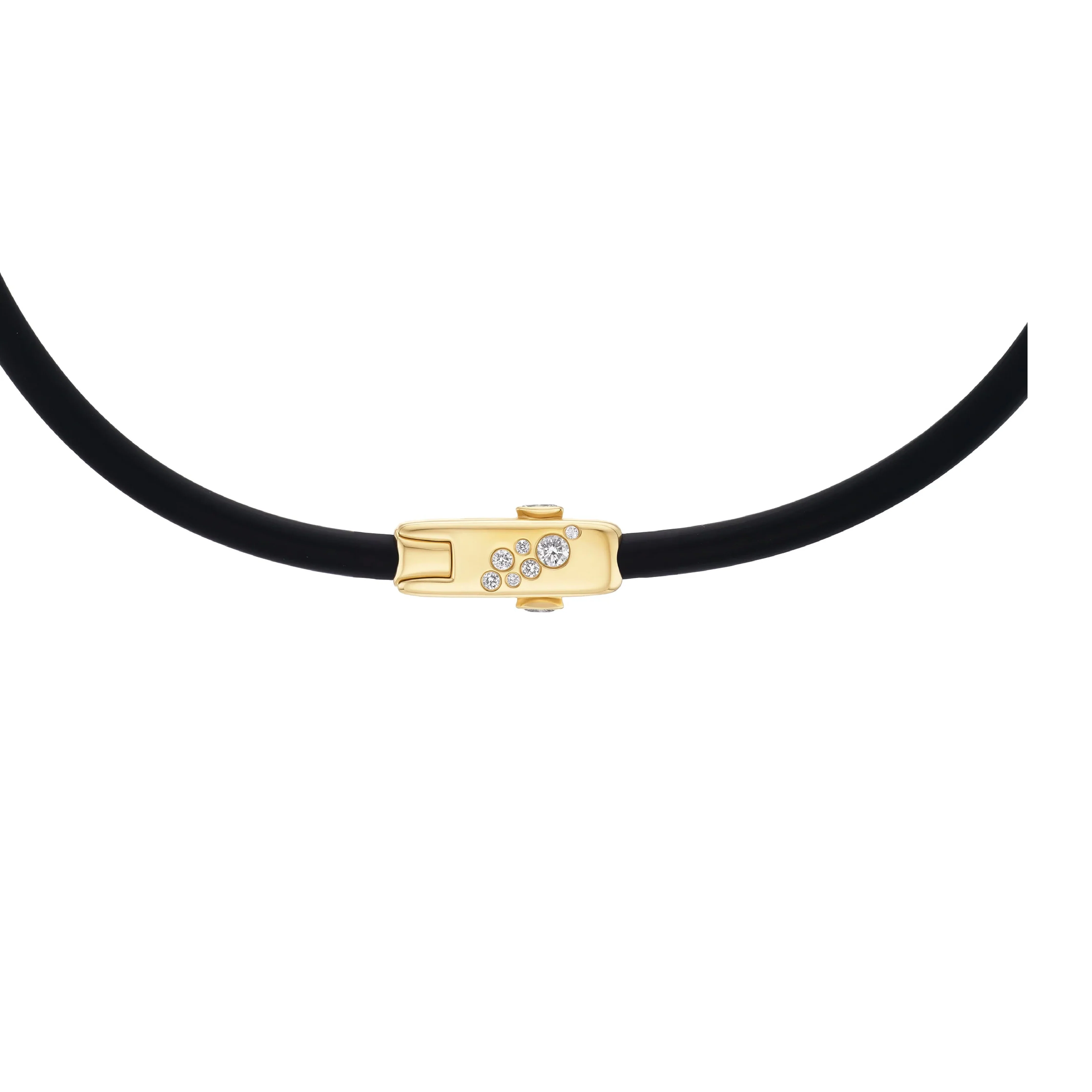Image 2 of 2 - GOLD - Uniform Object Carbon Torque Necklace featuring 14 g of 18K yellow gold with 0.37 TCW oval diamonds and 0.67 TCW round diamonds. Length: 15". Handcrafted in New York City. Features an Italian-made hypoallergenic rubber band designed for comfort and durability. Cheap Luxury Handbag Shop offers a range of pieces from this collection in-store. For personal consultation and detailed information about jewelry, please contact our dedicated stylist team at personalshopping@hirshleifers.com.