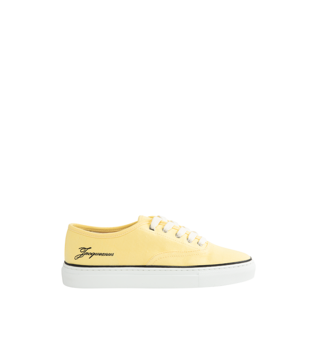 Image 1 of 5 - YELLOW - JACQUEMUS The Ff Skate Sneakers featuring canvas upper, round toe, flat cotton laces, embroidered signature and monogram logos, rubber sole and canvas insole and lining. 100% cotton. Made in Portugal.