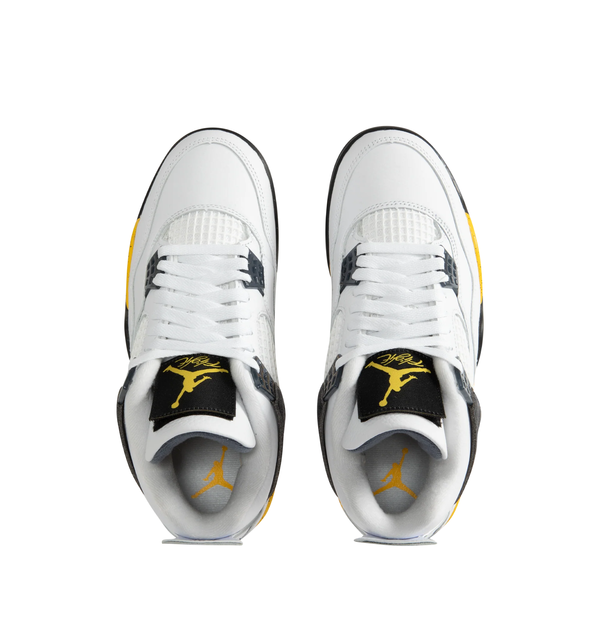 Image 5 of 5 - YELLOW - Air Jordan 4 Retro "Tour Yellow" Sneakers are crafted from premium leather and feature a white upper accented by a speckled Tour Yellow midsole, with Black and Dark Blue Grey details. Designed with the iconic AJ4 basketball silhouette, they are finished with Jumpman heel branding, a foam midsole, Nike Air and Max Air cushioning, and a durable rubber outsole. Main Material: Leather. Sole: Rubber. Cushioning: Nike Air and Max Air. Made for men. 