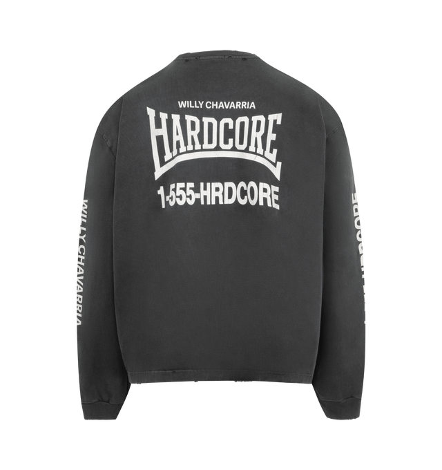 Image 2 of 4 - BLACK - WILLY CHAVARRIA Hardcore Buffalo Tee featuring an oversized boxy fit, drop shoulder design, long sleeves and graphic text on front back and sleeves. 100% cotton.